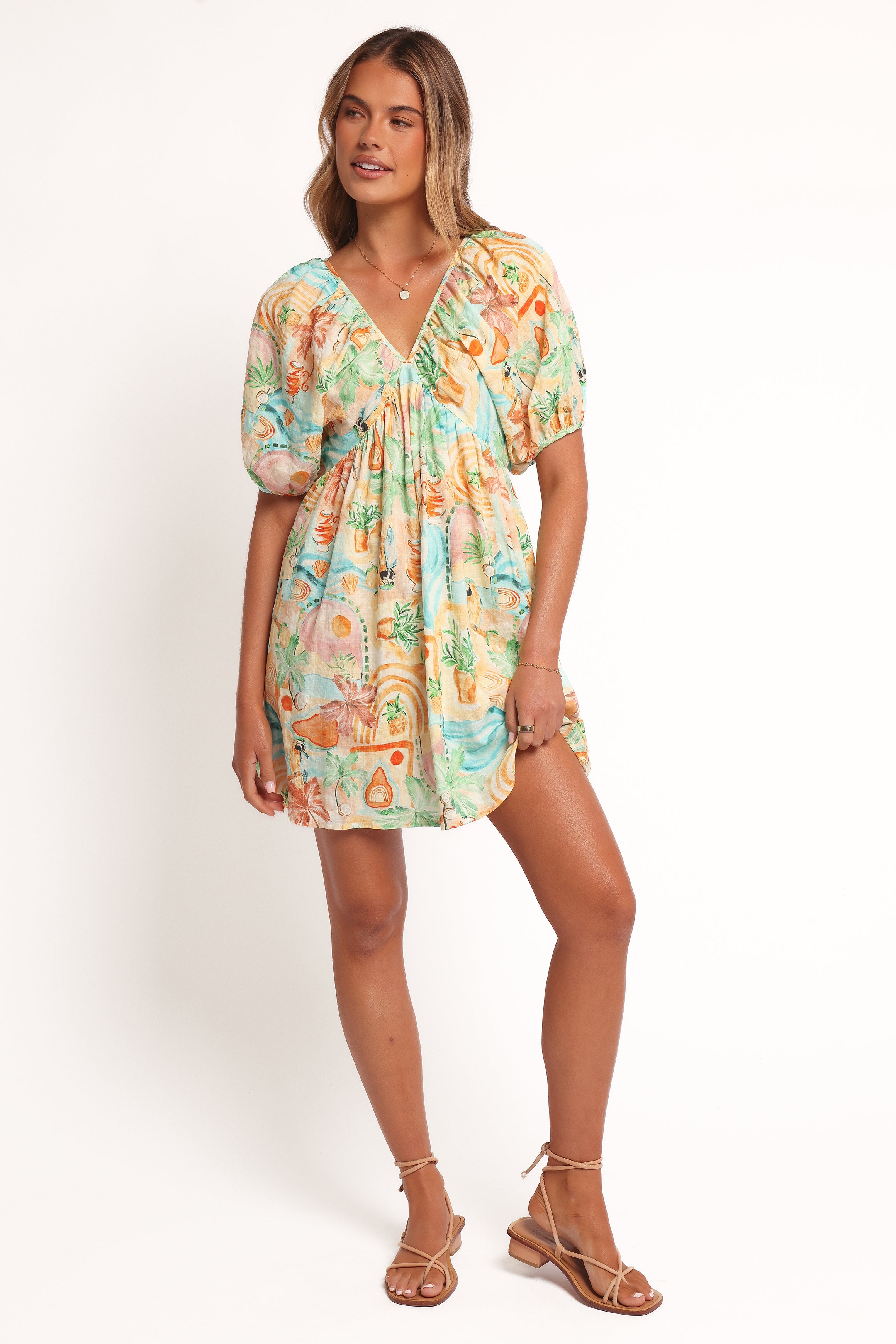 Cadhla Mini Dress - Elegant Golden Palm Print Summer Party Cocktail Dress for Women | Perfect for Beach Vacations, Date Nights & Special Occasions