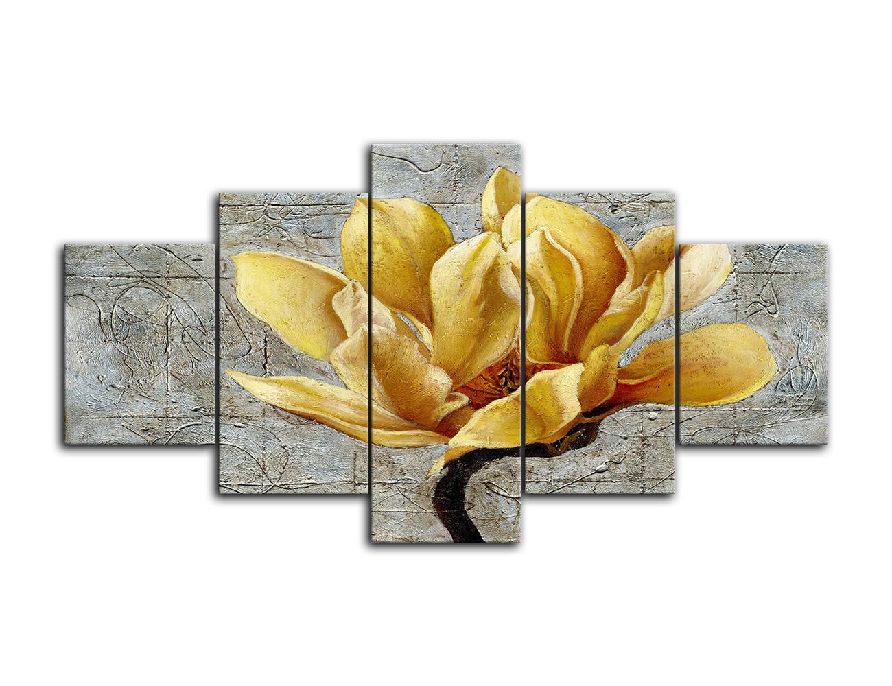 Modern 5-Panel Canvas Wall Art - Black White Yellow Grey Rose Flower on Grey Wooden Board - Stretched & Framed Ready to Hang - Perfect for Living Room, Bedroom, Bathroom & Office Decor