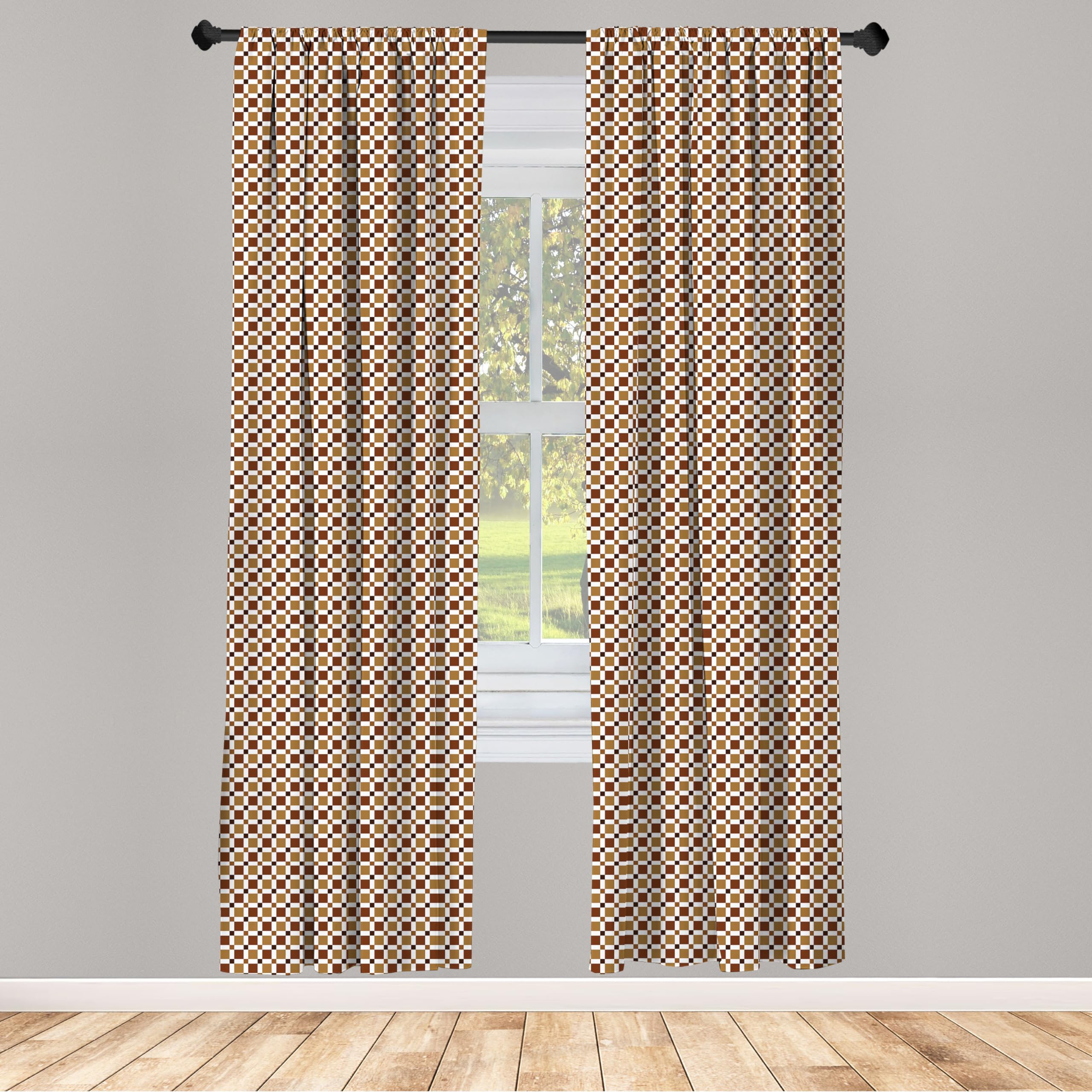 Ambesonne Earth Tone Window Curtains - Brown Tile Mosaic Print Lightweight 2-Panel Set with Rod Pocket, 28