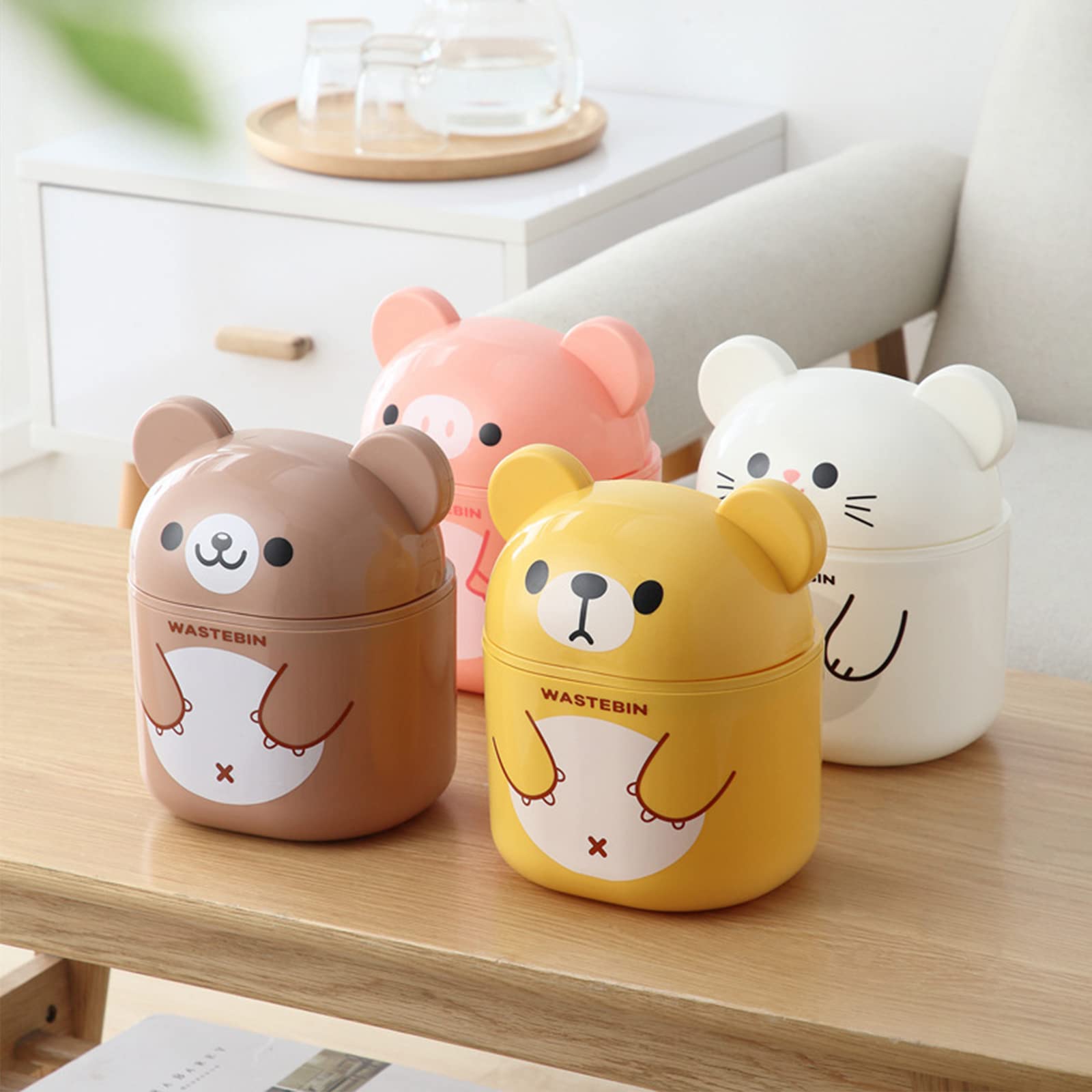 Mini Countertop Trash Can with Lid - Small Desk Waste Bin for Office, Vanity & Coffee Table - Cute Bear-White Garbage Can for Home Decor & Organization - Perfect for Bedroom, Bathroom & Workspace
