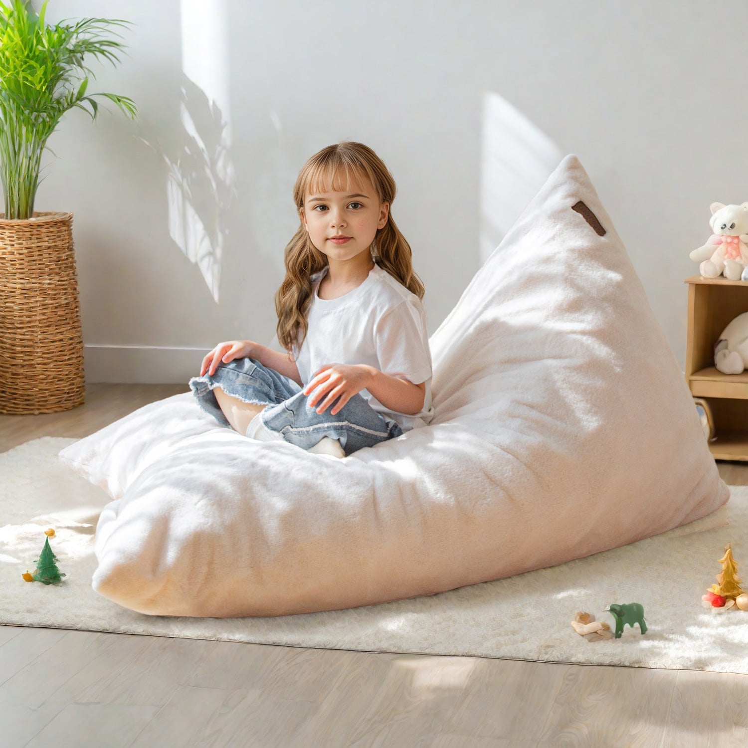 MAXYOYO Kids Bean Bag Chair with Handle - High Density Foam Floor Lounger for Boys & Girls - Soft White Kids Seating for Bedroom, Playroom & Reading Nook