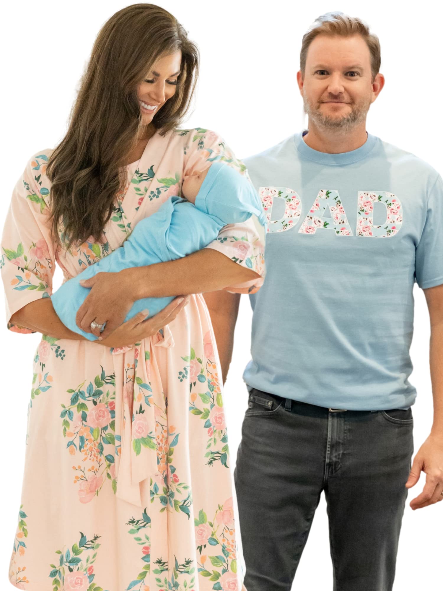 Baby Be Mine Maternity Nursing Robe & Swaddle Blanket Set with Daddy T-Shirt - 2XL/3XL Robe & Medium Shirt (Nina/Light Blue) | Comfortable Hospital Delivery & Newborn Photo Shoot Outfit