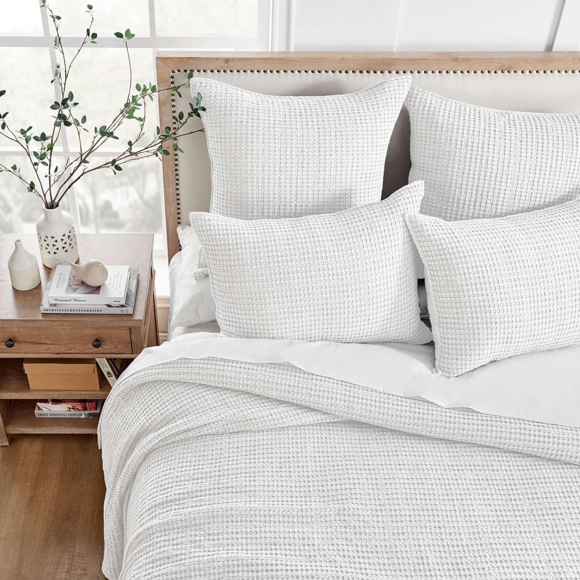 Levtex Home Mills Waffle Queen Quilted Bedspread Set - 100% Cotton Waffle Weave Bedding - Bright White (104