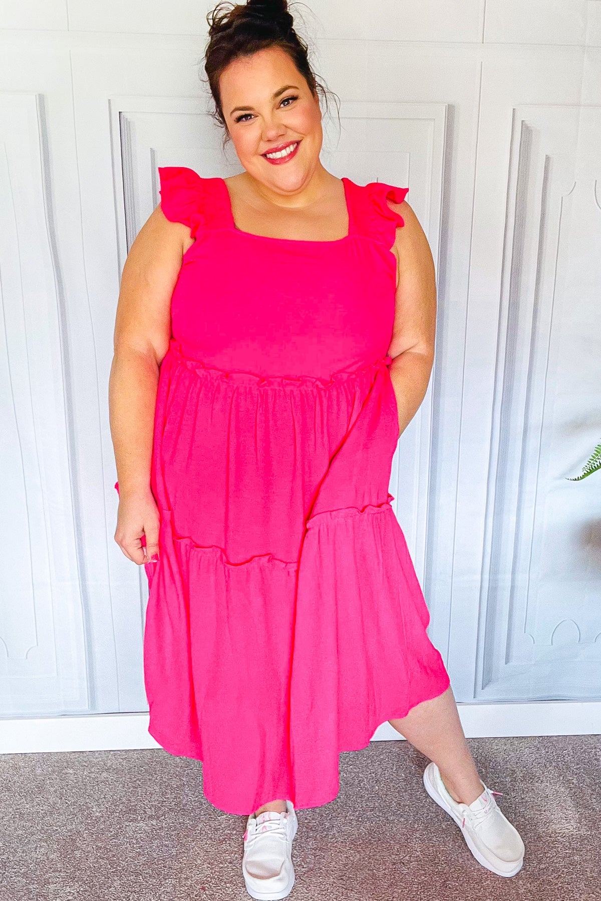 Fuchsia Smocked Flutter Sleeve Tiered Midi Dress for Women - Elegant Summer Casual & Wedding Guest Outfit
