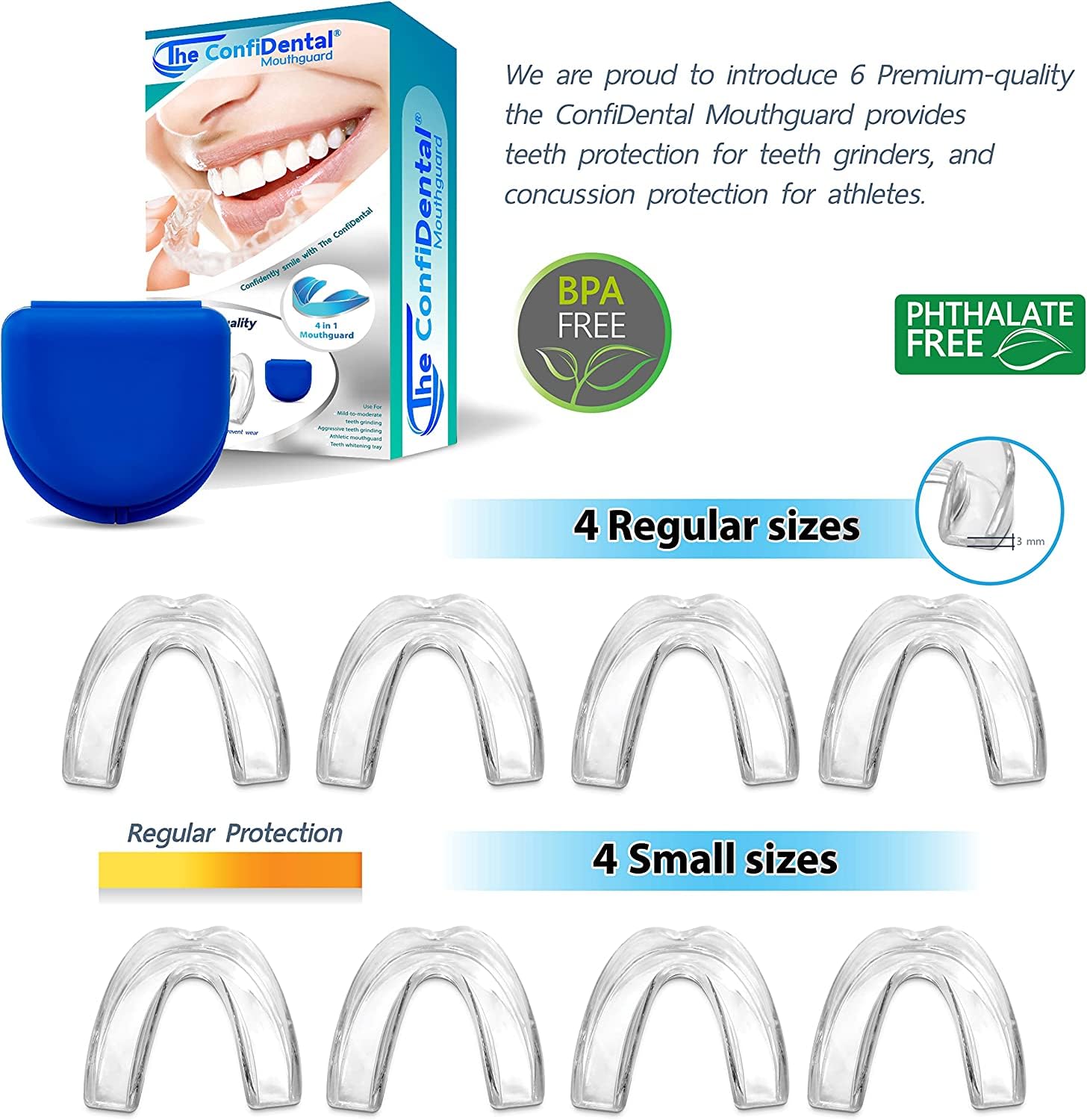 Custom Moldable Mouth Guard for Teeth Grinding & Clenching (Bruxism) - Pack of 8 (4 Regular + 4 Small) - Night Guard for Sleep & Sports - Whitening Tray Compatible - Perfect for Athletes, Teeth Grinders & Teeth Whitening Use