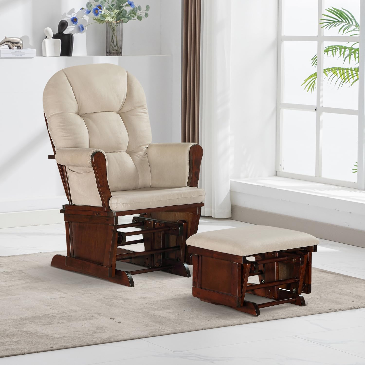 Lennox Furniture Glider Rocker Combo - Espresso Beige Reclining Chair with Ottoman - Perfect for Nursery, Living Room & Relaxation