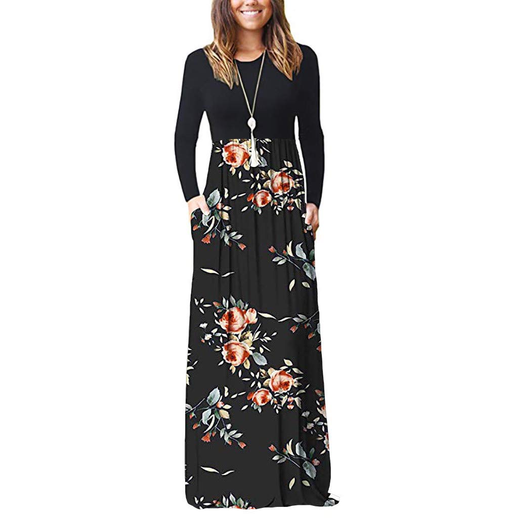 Plus Size Maxi Dresses for Women - Long Sleeve Floral Beach Dress with Pockets | Casual Loose Fit Summer Dress for Vacation, Outdoor Parties & Boho Style Outfits