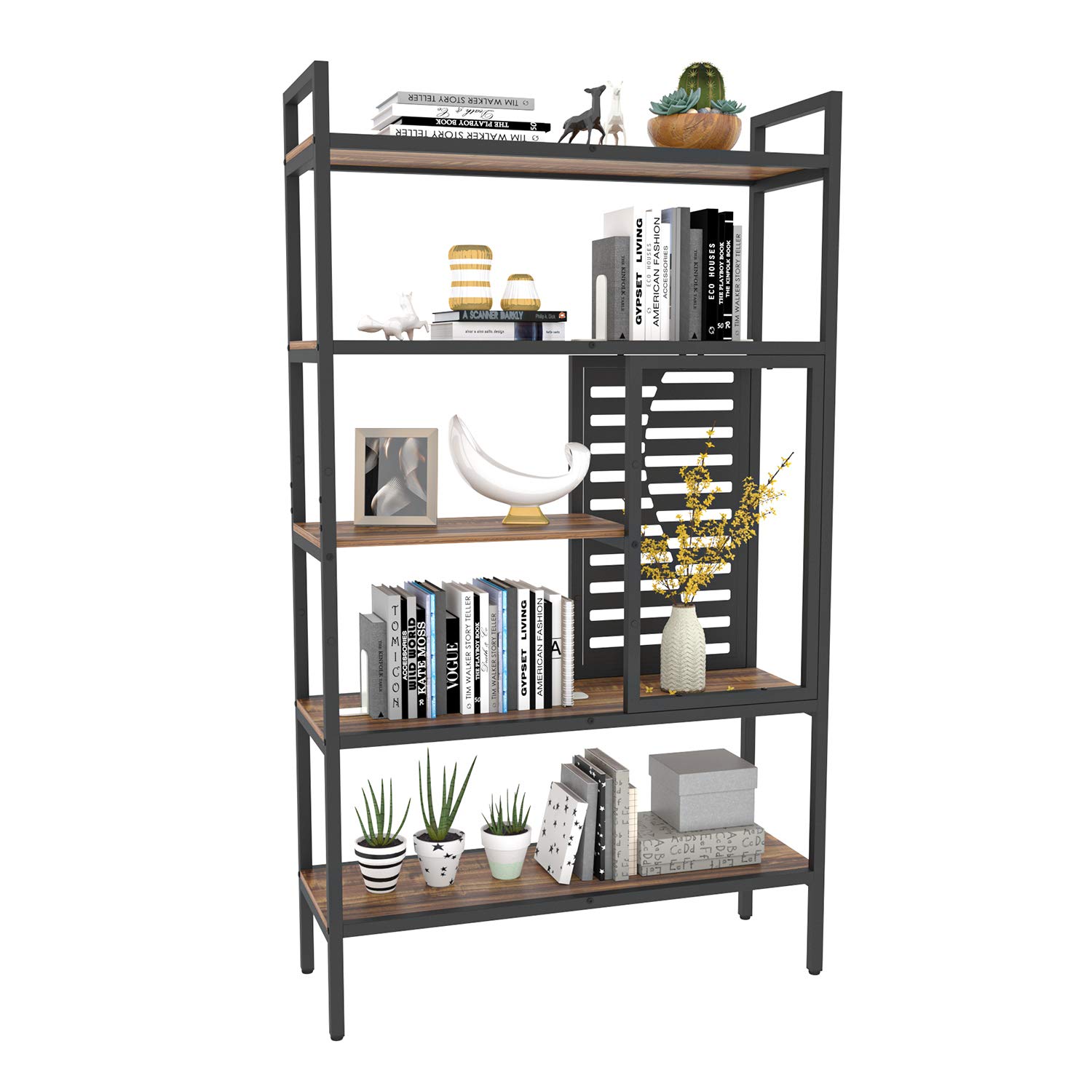 Weehom 5-Tier Adjustable Industrial Bookshelf - Modern Wood Bookcase with Sturdy Metal Frame, Open Storage Shelves for Living Room, Bedroom, Office & Kitchen - Perfect for Organizing Books, Decor & Kitchen Supplies