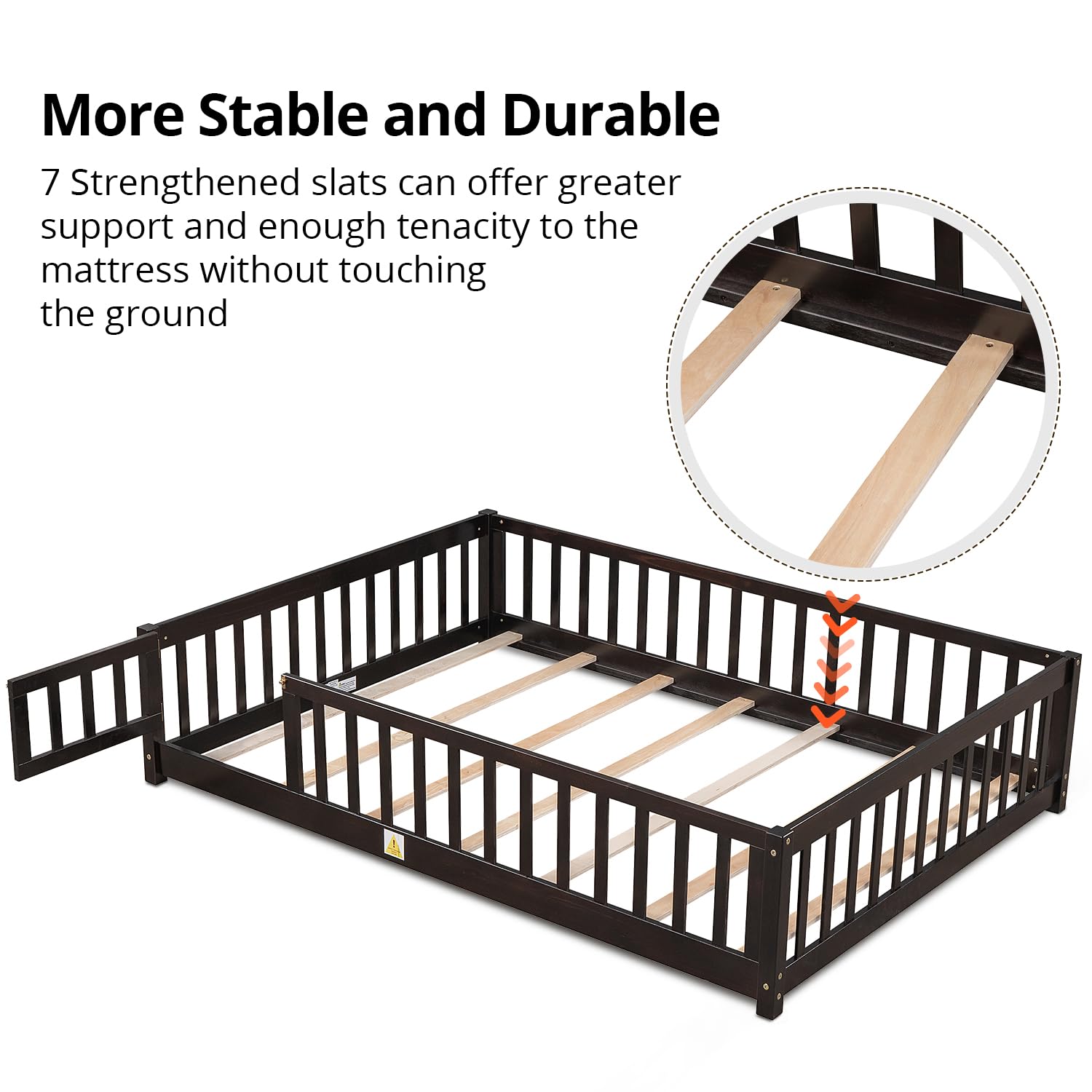 Montessori Floor Bed for Kids - Sturdy Wooden Full Size Bed Frame with Slats, Safety Fence & Door - Natural Espresso Finish - Perfect for Toddler Rooms, Daycare Centers & Montessori Classrooms