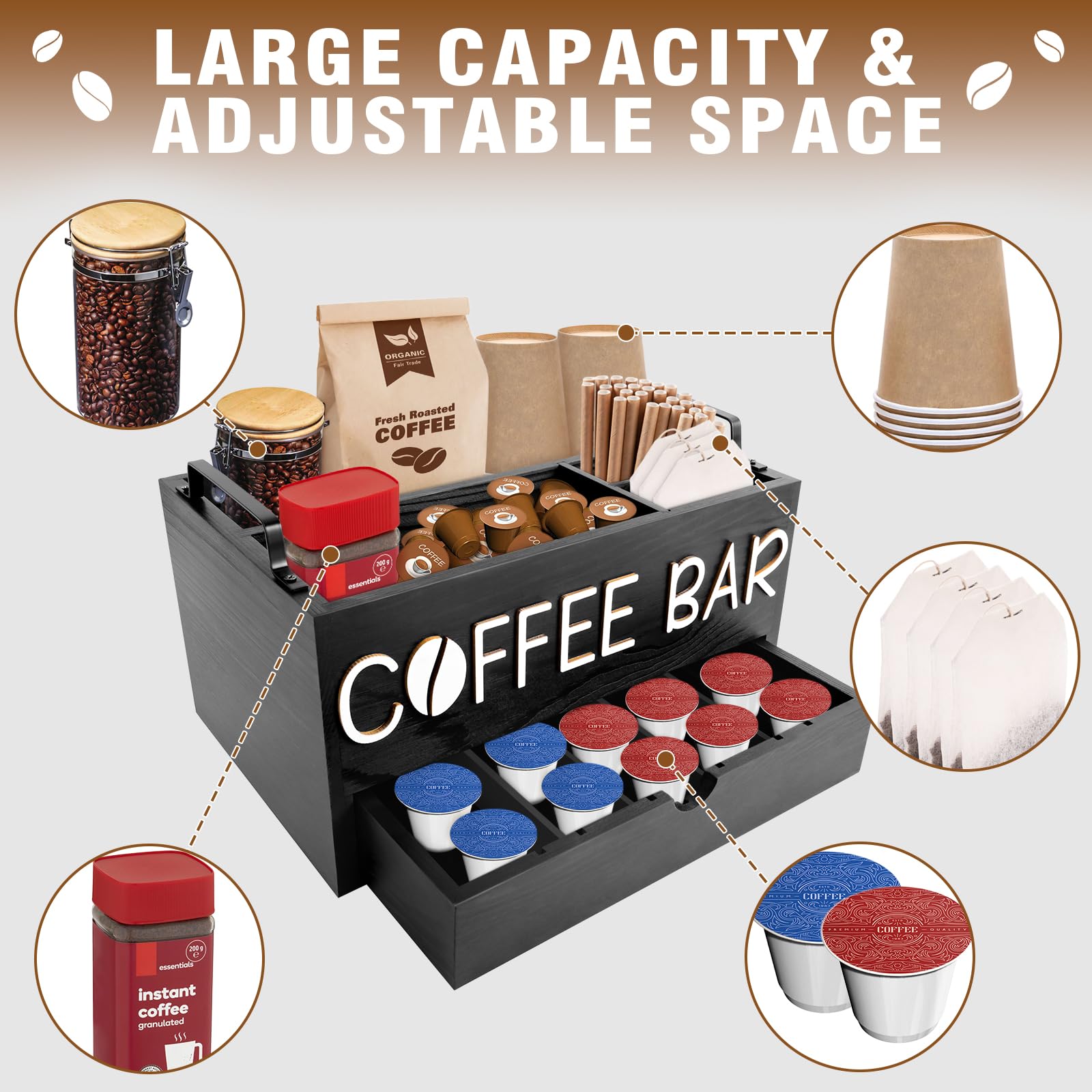 Wooden Coffee Station Organizer with Drawer & Removable Dividers - Countertop Coffee Pod Holder Storage Box - Perfect for Office Coffee Bar & Home Kitchen Organization