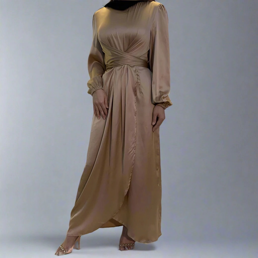 Elegant Muslim Tunic Satin Abaya Dress for Women - Modest Islamic Prayer Dress & Evening Wear - Perfect for Eid, Mosque, and Special Occasions