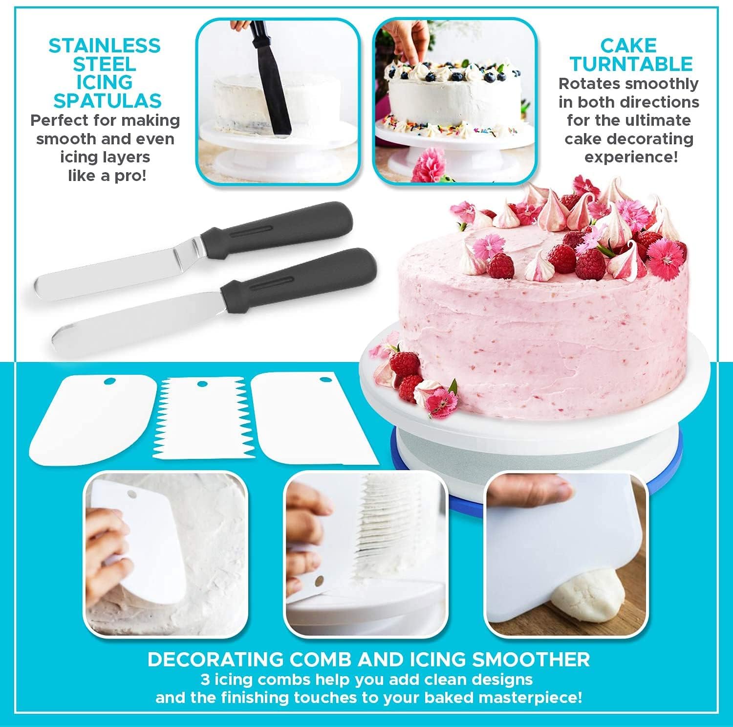 6-Piece Cake Stand Set - 11 Inch Rotating Cake Turntable for Decorating, Cake Spinner & Decorating Tools Kit - Perfect for Birthday Cakes, Wedding Cakes & Baking Supplies Gift Set