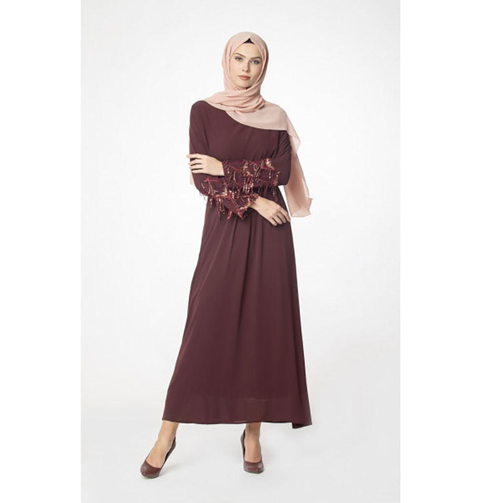 Elegant Burgundy Sequined Party Dress for Women - Abaci Modest Formal Gown 12956 - Perfect for Evening Events, Weddings & Special Occasions