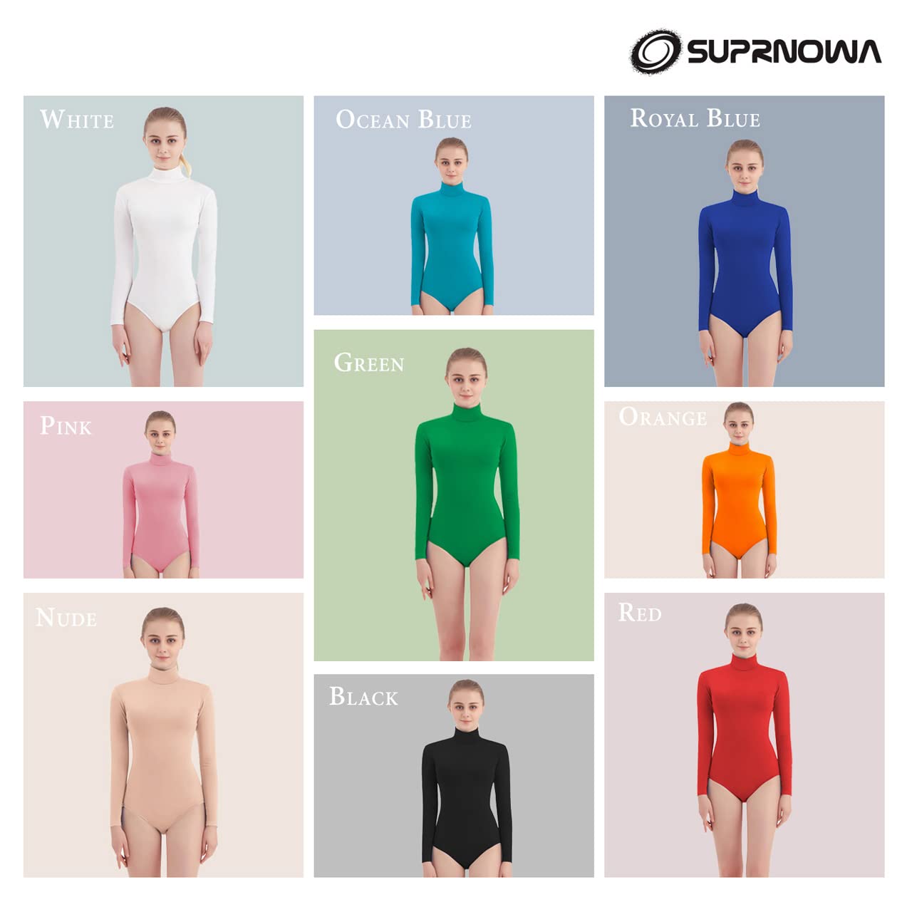 SUPRNOWA Women's Long Sleeve Turtleneck Leotard - Stretchy Spandex Dance Bodysuit for Ballet, Yoga, Workout & Fitness Training - Perfect for Dance Class, Gym & Performance