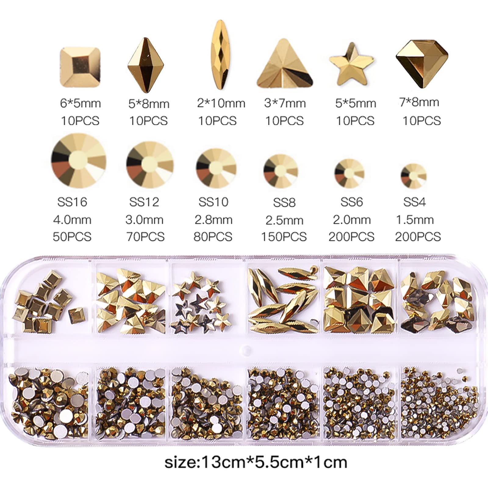 RODAKY 810Pcs 3D Gold Crystal Rhinestones for Nail Art - Flatback Gems in Multiple Shapes for DIY Nail Design, Makeup & Jewelry Crafting - Perfect for Salon, Home Manicure and Party Glam Looks