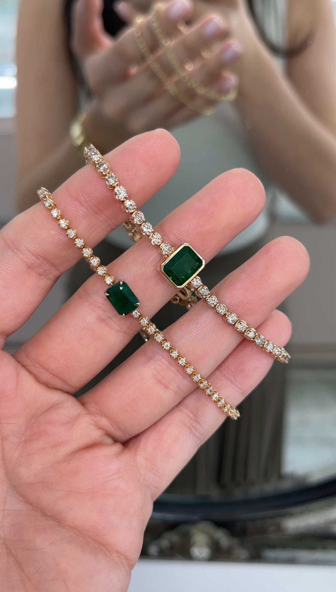5.86tcw Vivid Green Bezel Emerald & Diamond Tennis Bracelet in 14K Gold - Elegant Jewelry for Women, Perfect for Weddings, Parties & Special Occasions