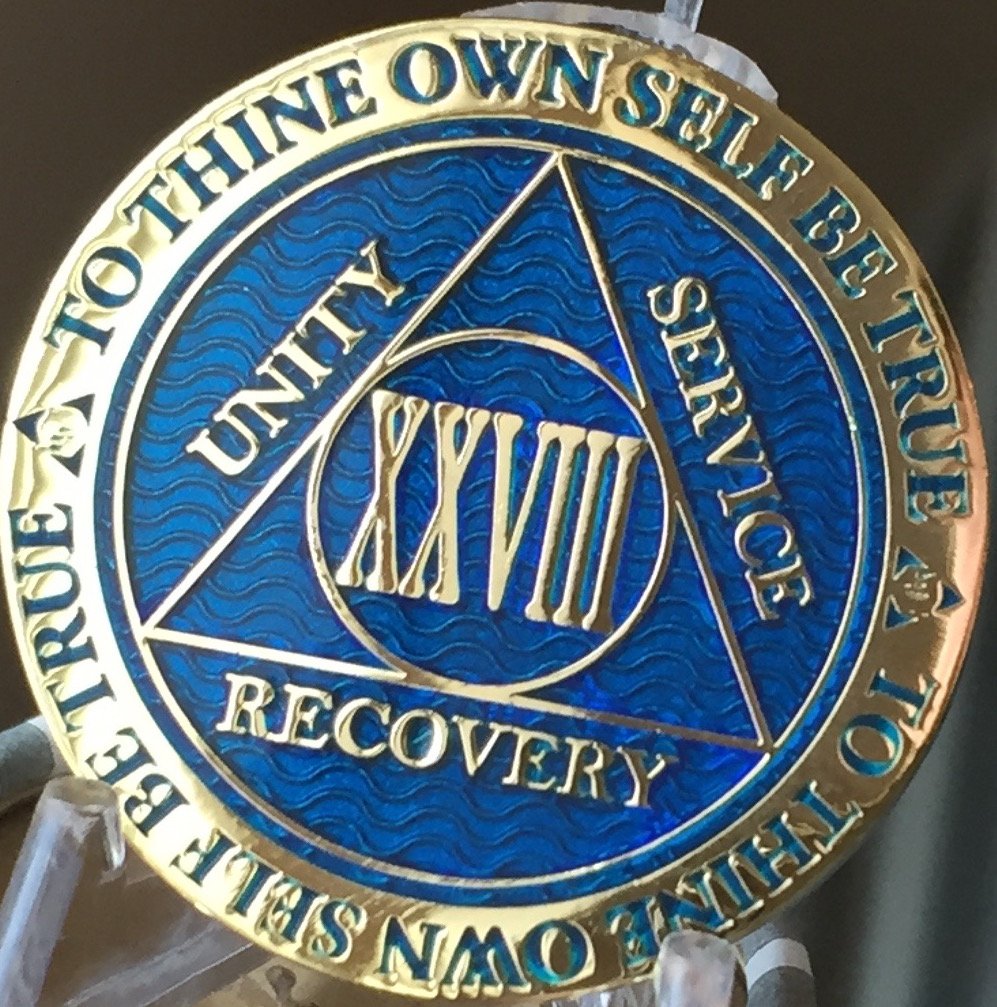 Recovery Chip 28 Year Anniversary AA Medallion - Gold Plated Reflex Blue Token for Alcoholics Anonymous, Sobriety Gifts & 12 Step Programs - Perfect for Milestone Celebrations, Meetings and Inspirational Keepsakes