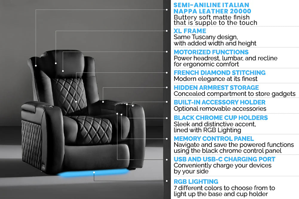 Valencia 2025 New Tuscany XL Luxury Leather Home Theater Seating - 4-Seat Loveseat with Center Console in Moonlight Blue | Perfect for Home Cinemas, Media Rooms & Luxury Home Theaters