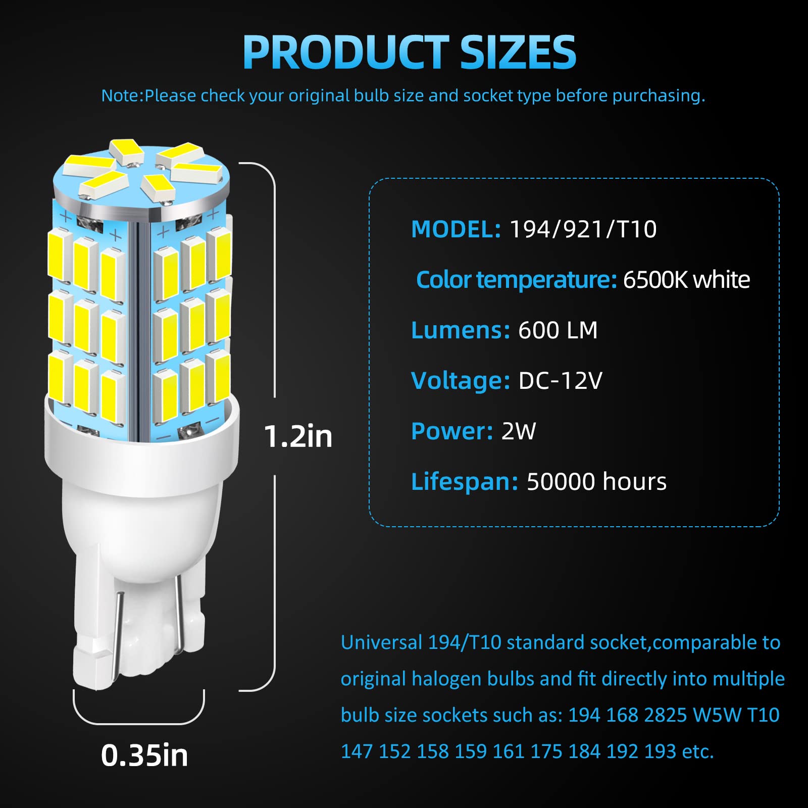 921 194 168 175 T10 LED Bulbs White 20-Pack - Super Bright 42-SMD LED Replacement for 12V RV, Camper, Trailer, Boat - Interior Dome, Map, License Plate & Backup Reverse Lights - Perfect for Night Driving and Vehicle Interior Lighting