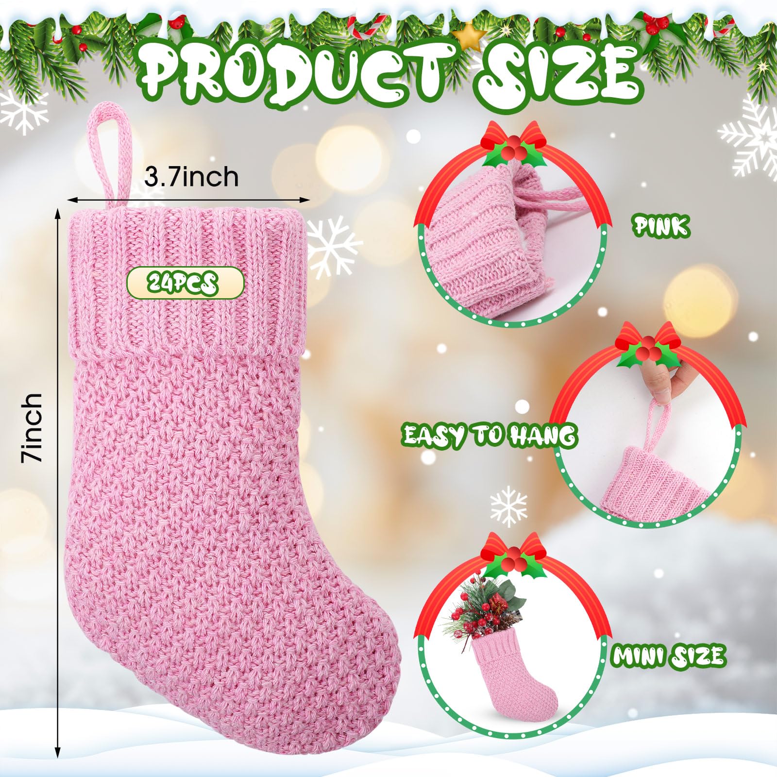 24 Pcs 7 Inch Knit Christmas Stockings - Rustic Farmhouse Cable Knit Mini Stocking Decorations for Xmas Tree Hanging, Gift Exchange & Holiday Party Decor (Pink) - Perfect for Fireplace Mantel, Staircase & Christmas Village Displays