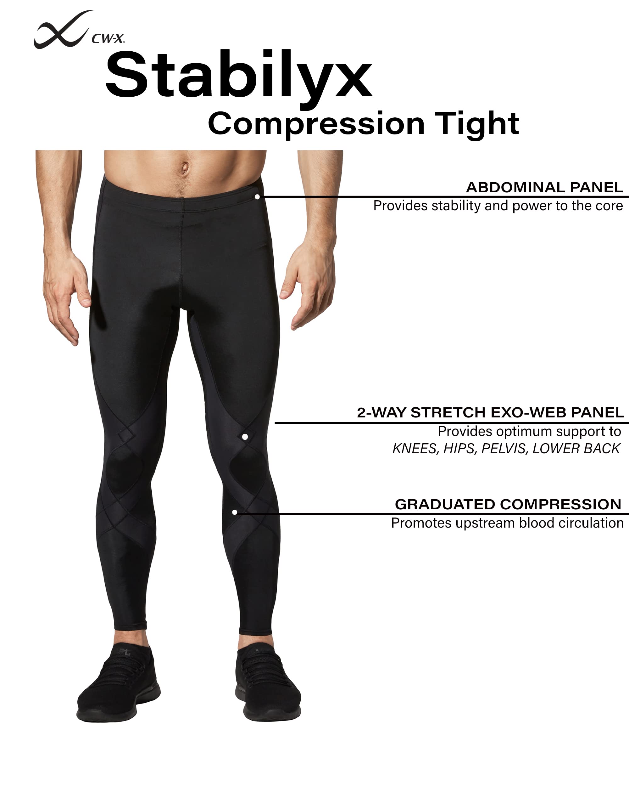 CW-X Men's Stabilyx Joint Support Compression Tights - Running & Recovery Pants for Athletes - Ideal for Marathon Training, Gym Workouts & Post-Exercise Muscle Recovery