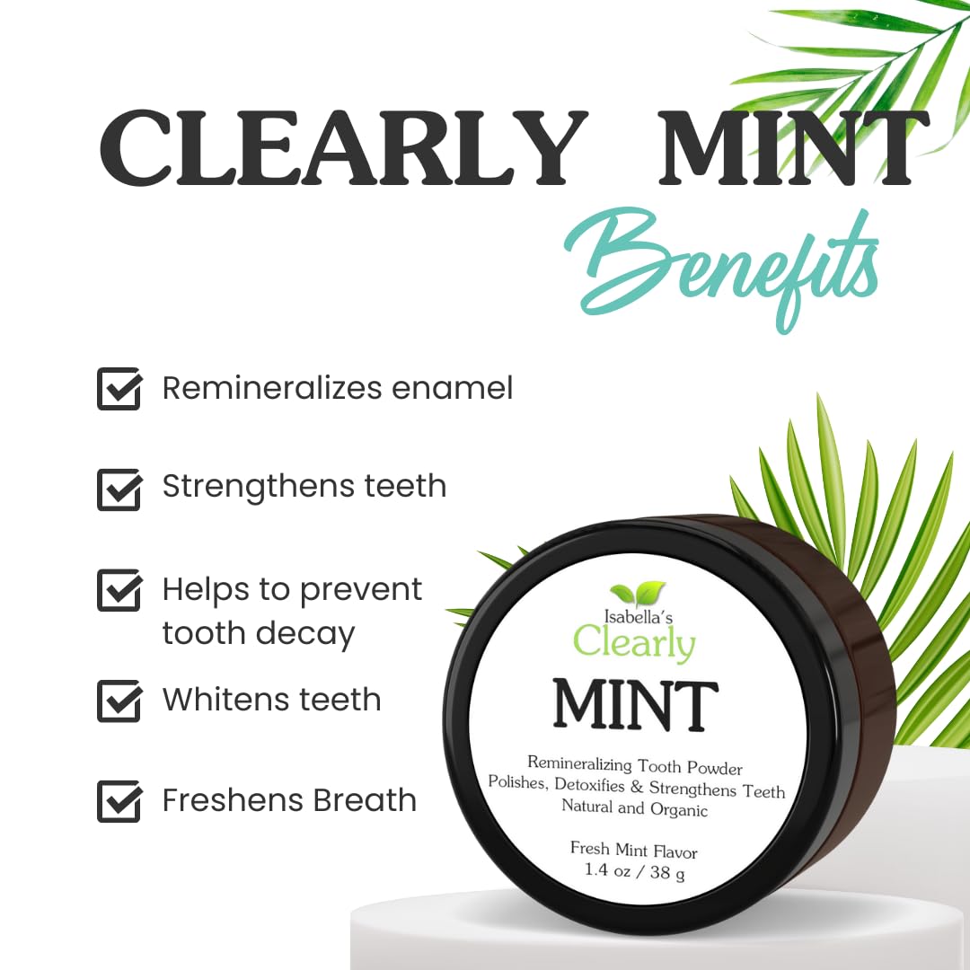 Isabella’s Clearly Remineralizing Tooth Powder - Natural Teeth Whitening Fluoride-Free Toothpaste with Xylitol, Baking Soda & Bentonite Clay for Adults & Kids - Mint Flavor for Sensitive Gums | Ideal for Daily Oral Care & Brightening Smiles