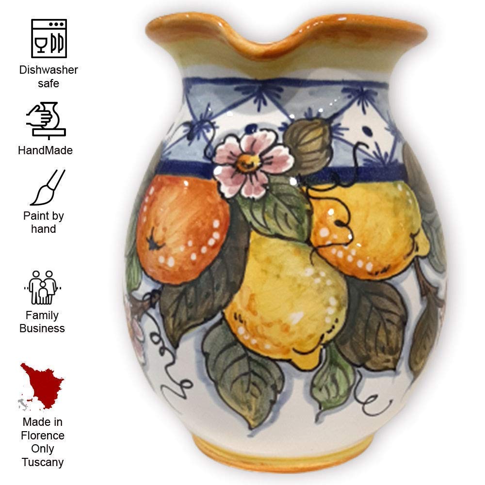 Hand-Painted Italian Ceramic Pitcher Lemon Design - 33 oz Tuscan Kitchen Carafe, Utensil Holder & Wine Dispenser - Authentic Italian Pottery Vase for Home Decor | Perfect for Farmhouse Kitchens, Italian Restaurants & Gift Giving