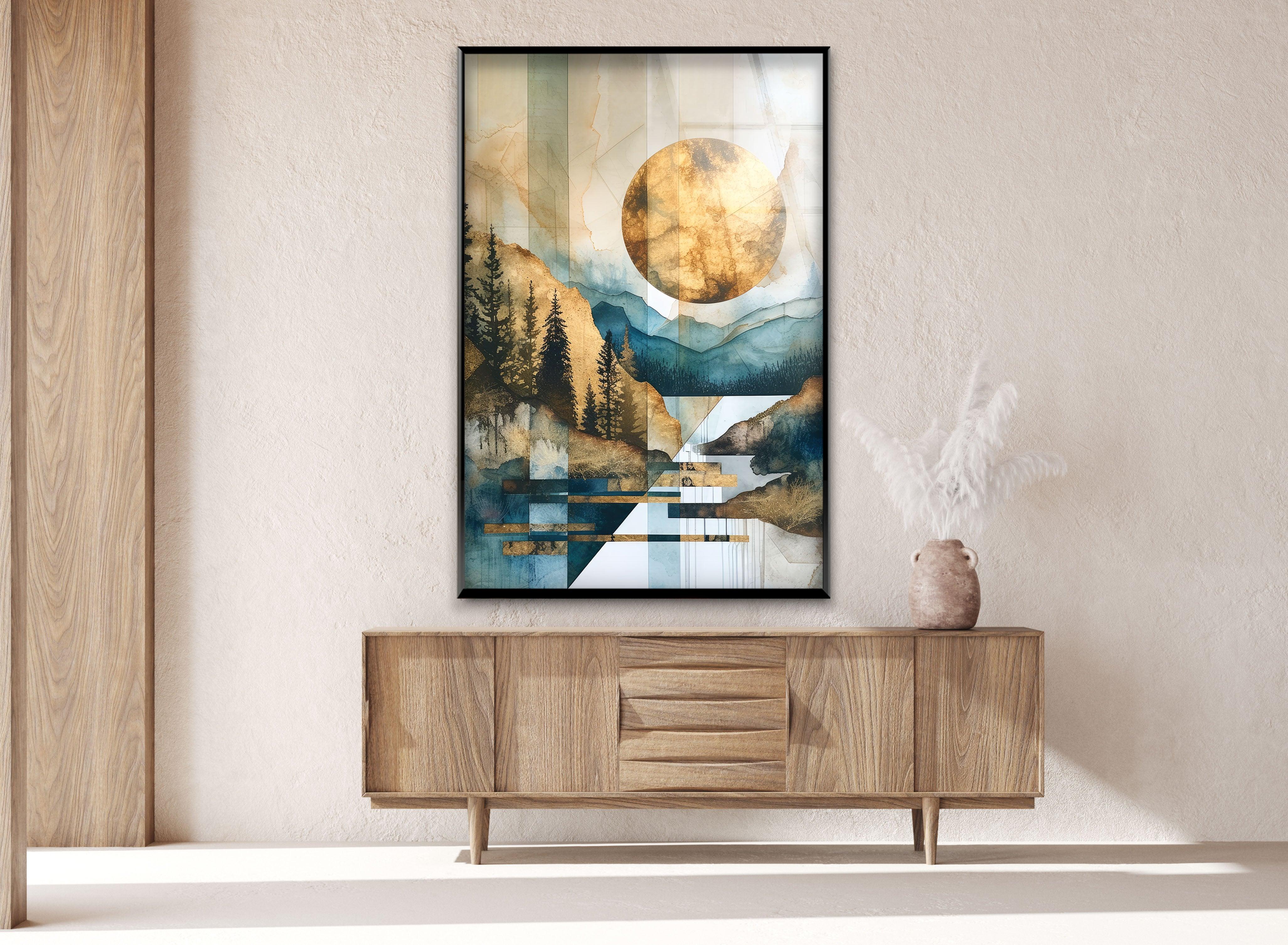 Abstract Golden Sun Glass Wall Art - Geometric Mountain & Nature Landscape Decor for Living Room, Bedroom, Office - Modern Home & Office Decoration