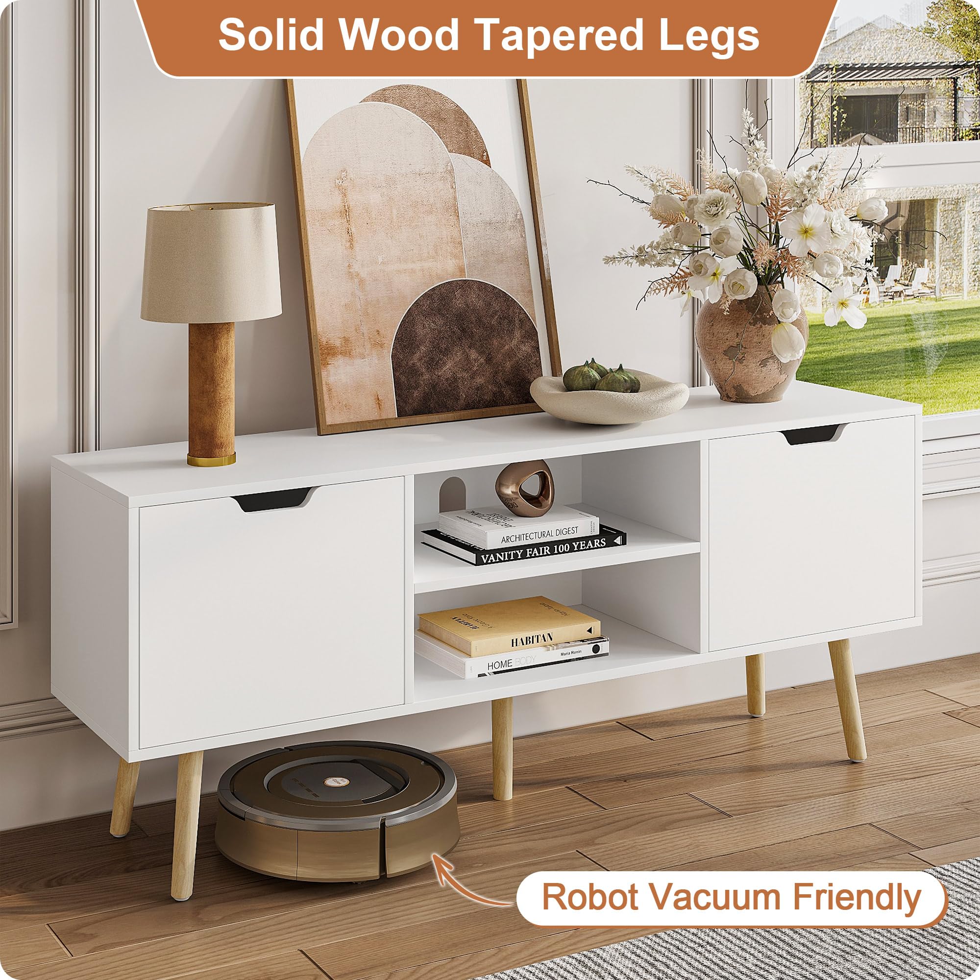 White TV Stand for 50-60 Inch TVs - Wooden Media Console Cabinet with Storage - Modern Entertainment Center for Living Room, Bedroom & Home Theater Setup