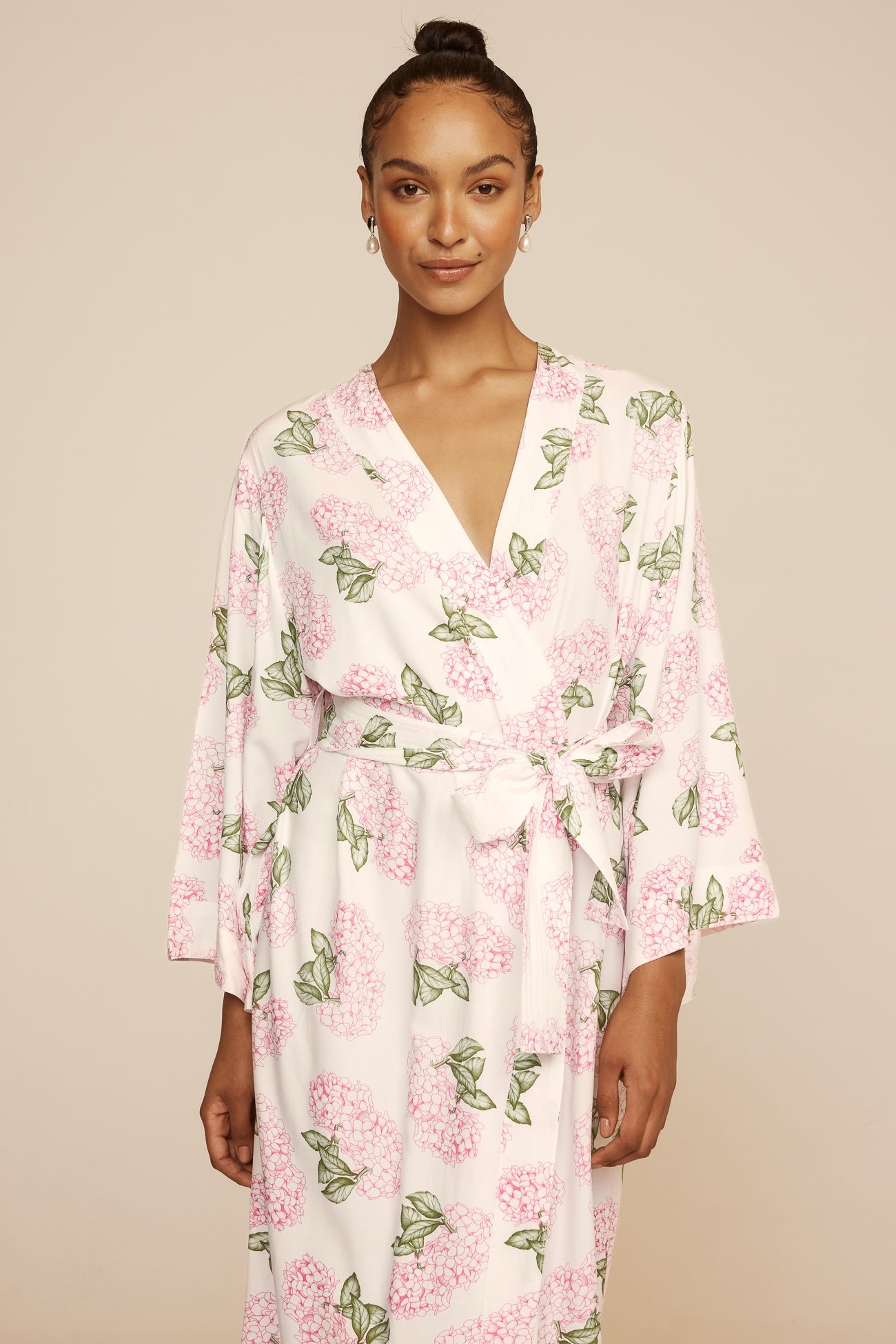 Alice Women's Long Kimono Robe - Soft Floral Hydrangea Pink Loungewear for Spa, Yoga & Relaxation at Home