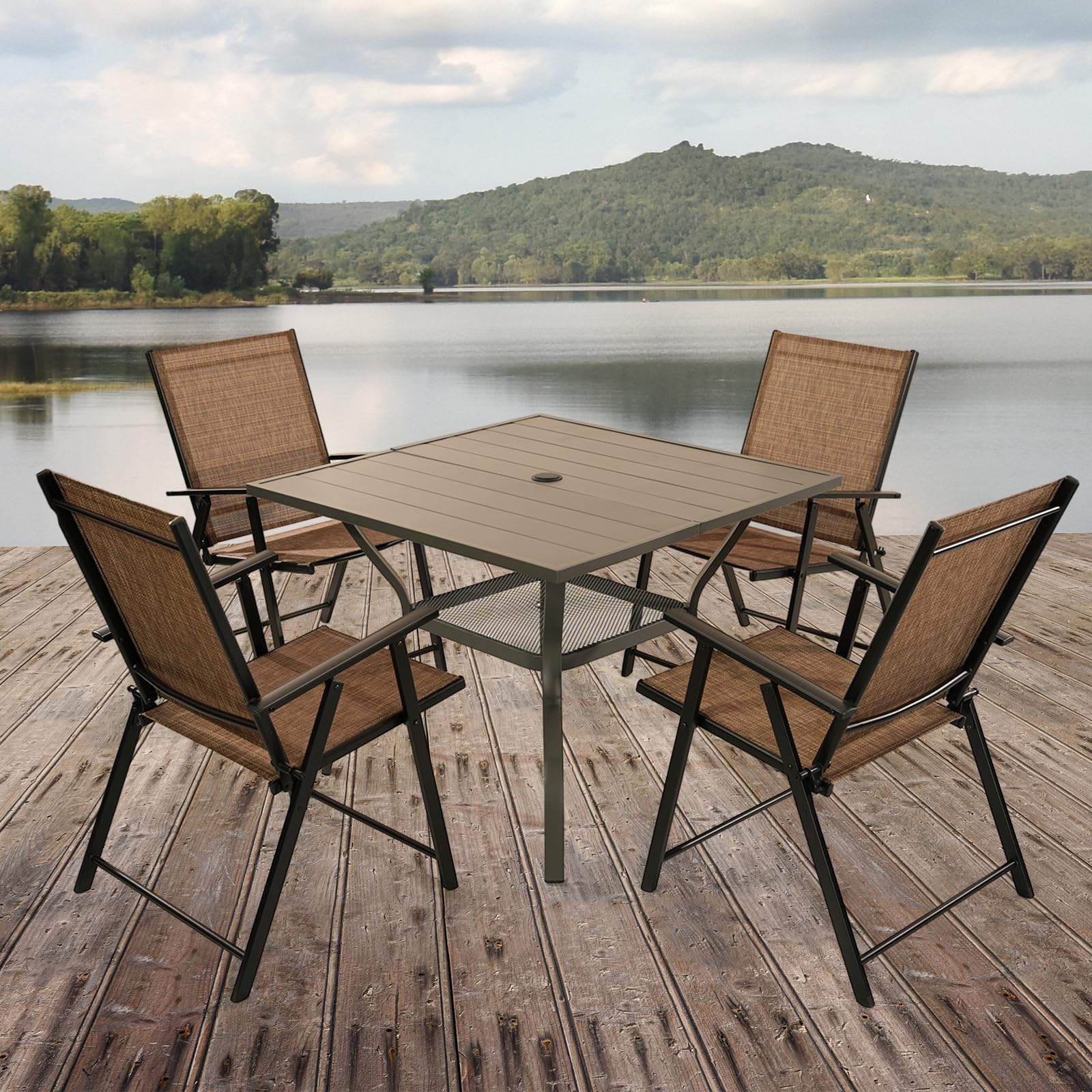 4-Pack Patio Folding Chairs - Rustproof Metal Frame Outdoor Lawn Chairs for Porch, Deck, Garden & Camping - Portable Dining Chairs for Backyard BBQs, Picnics & Beach Trips (Brown)