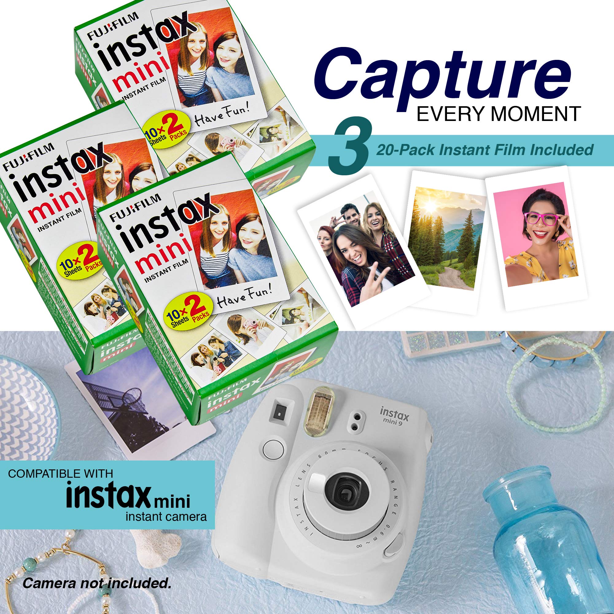 Fujifilm Instax Mini 11/9/8/90/70 Camera Travel Accessories Kit - Includes Backpack Shoulder Bag, 60 Sheets Instant Film, Lens Cloth, Strap, Washi Tape, Stickers, Photo Frames & Album - Smokey White - Perfect for Travel, Parties & Memory Keeping