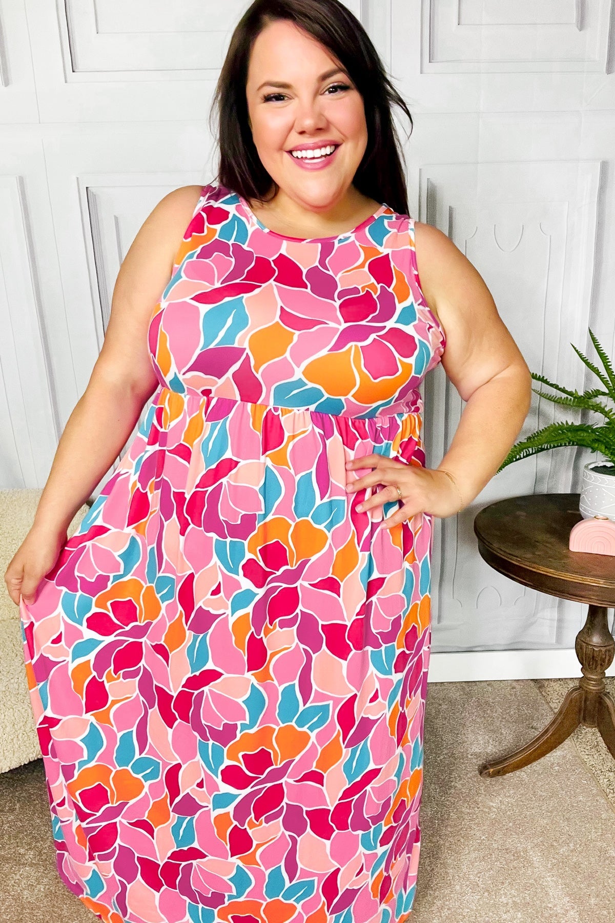 Elegant Fuchsia Abstract Floral Fit & Flare Maxi Dress for Women - Perfect for Summer Weddings, Beach Vacations & Special Occasions