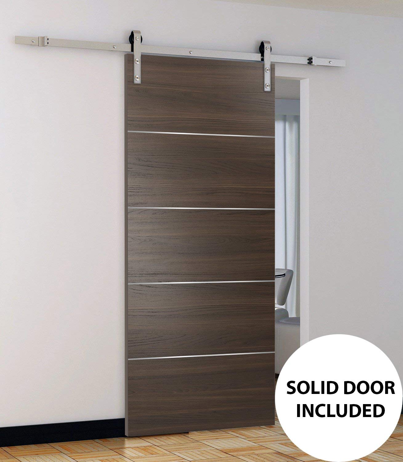 32x96 Barn Sliding Door in Chocolate Ash Brown - Modern Solid Core Flush Panel with Stainless Steel Hardware & 6.6FT Silver Rail Hangers | Perfect for Closet, Bedroom, and Farmhouse Style Home Decor