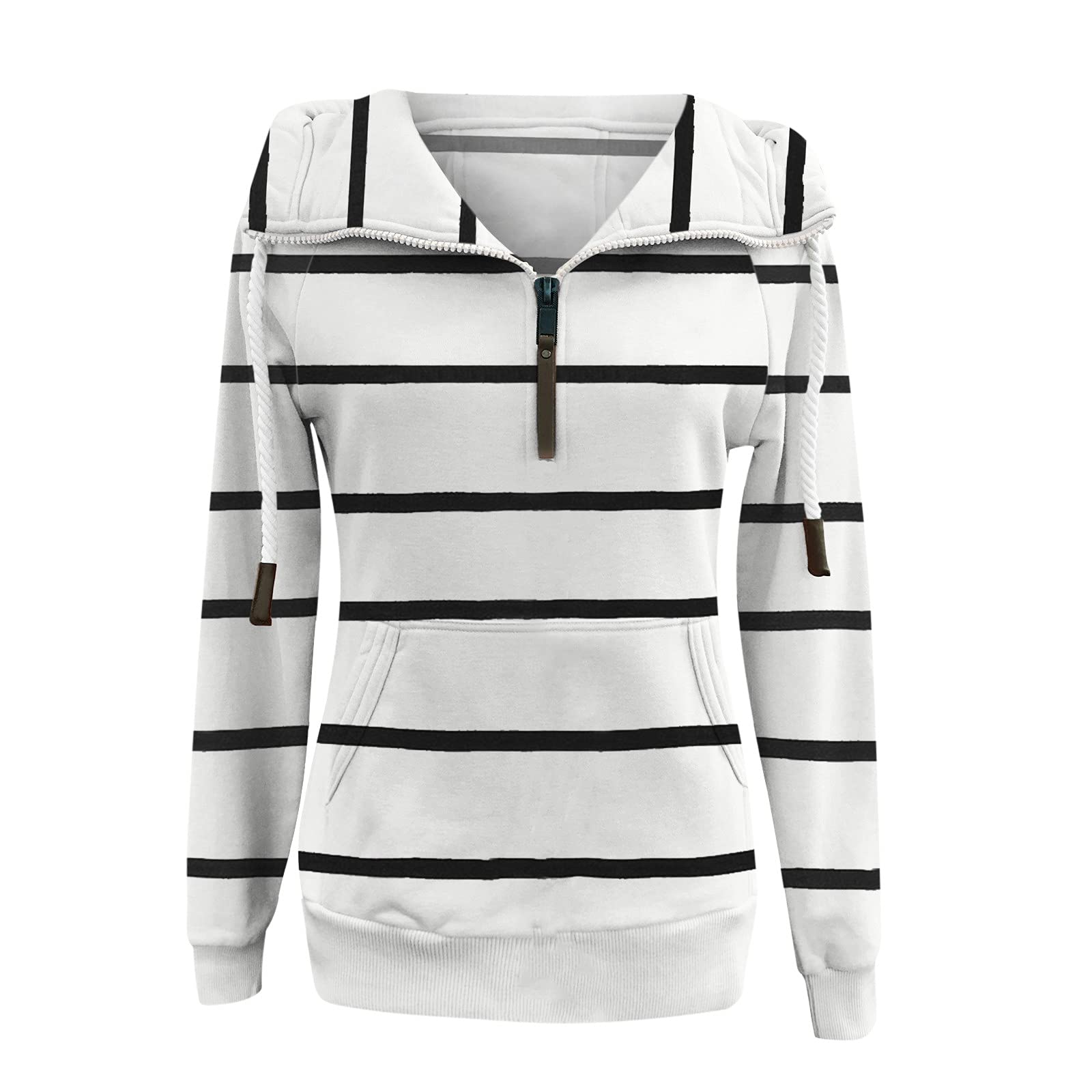Women's Zip Hoodies Fashion Stripe Turtleneck Long Sleeve Sweatshirt with Drawstring & Pockets - Fall Casual Workout Tops for Outdoor Activities & Lounge Wear