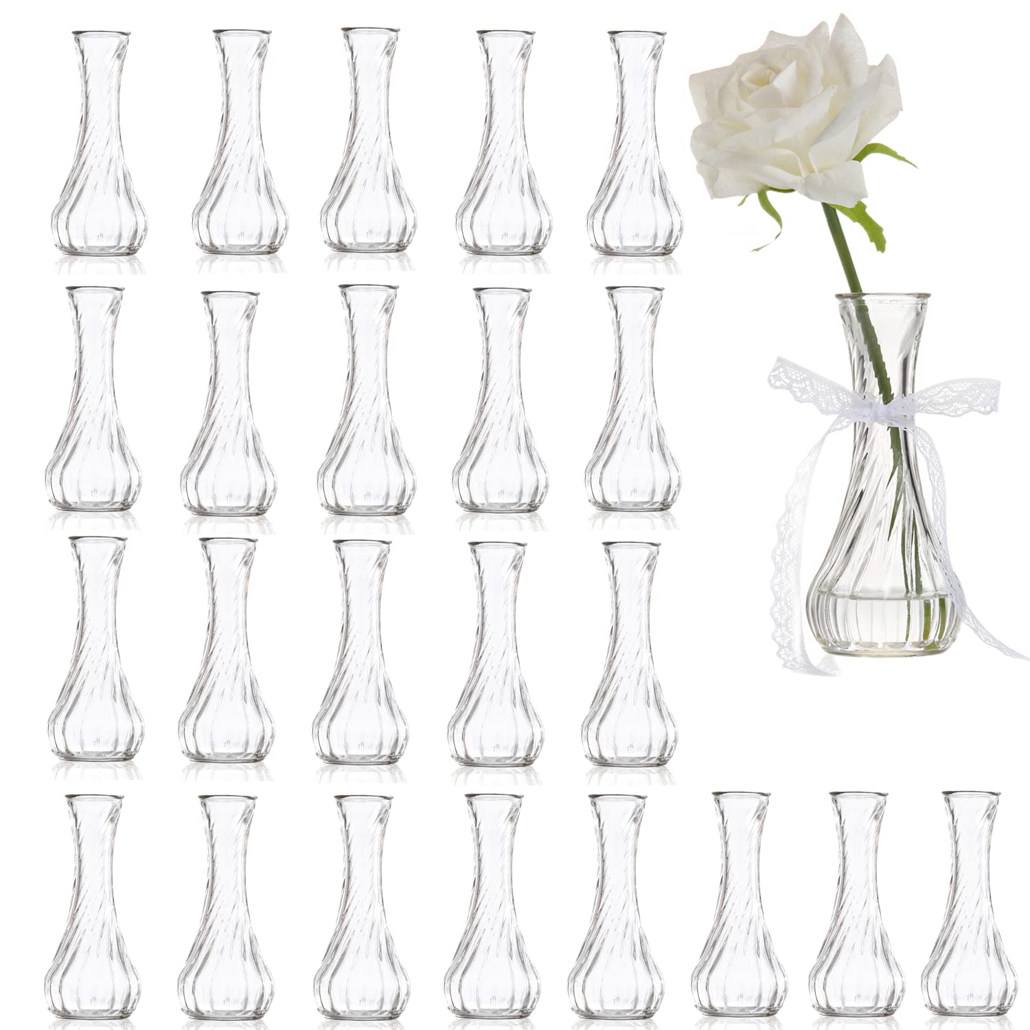 24-Piece Clear Glass Bud Vase Set with Lace Trim - Bulk Floral Arrangement Vases for Weddings, Events, Home Decor & Table Centerpieces - Perfect for DIY Flower Arrangements, Party Decorations, and Elegant Home Styling