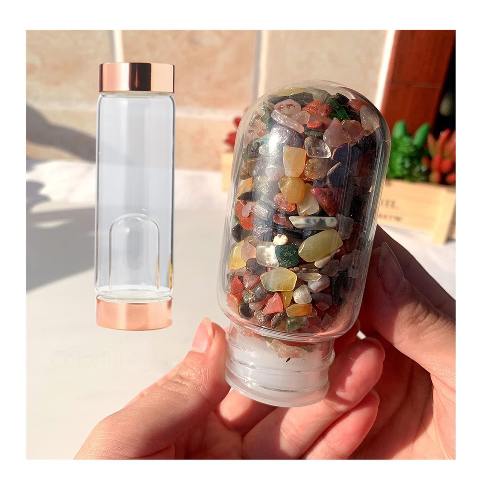 Natural Crystal Rose Glass Water Bottle with Amethyst & Rose Quartz Gravel - 500ml Gemstone Infuser Bottle for Meditation, Yoga & Relaxation - Colorful Agate Design for Positive Energy & Hydration On-The-Go