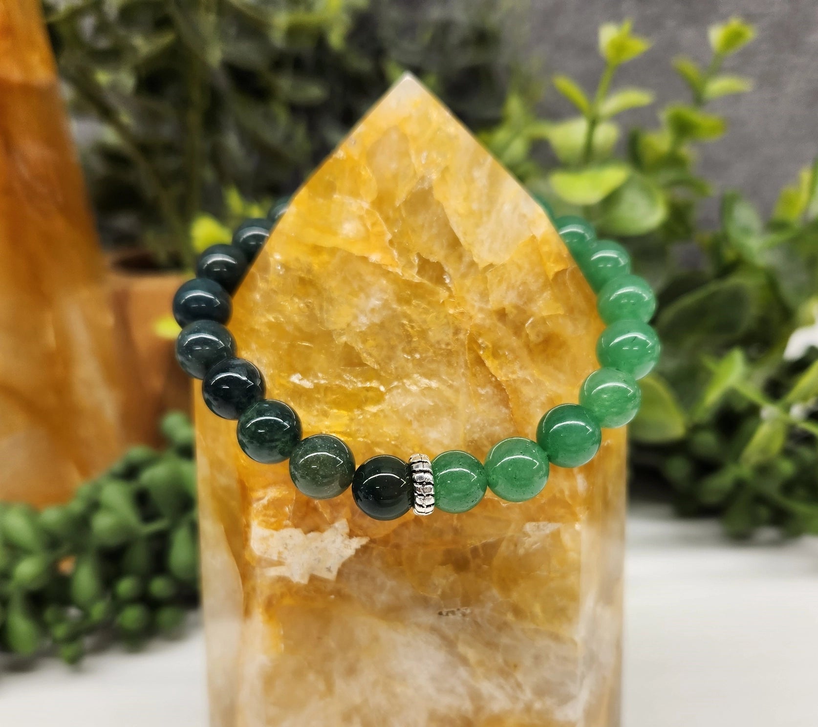Green Jade & Moss Agate Stretch Bracelet for Good Luck & Abundance | Healing Crystal Jewelry for Meditation, Yoga & Positive Energy