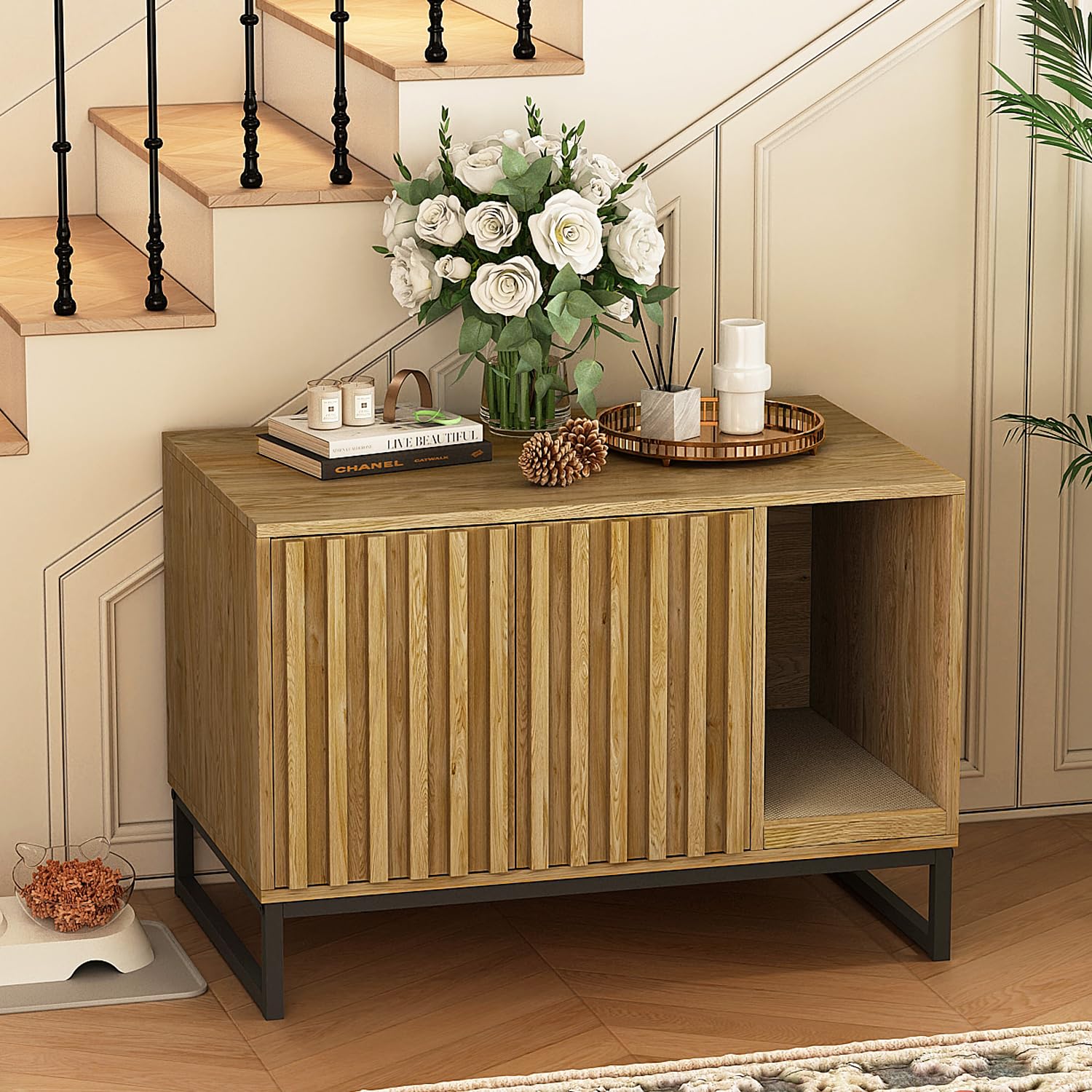 Modern Cat Litter Box Enclosure Furniture - Hidden Litter Box with Scratch Pad, Cat Washroom House & Entryway Bench for Living Room - Natural Wood End Table for Small Spaces & Pet-Friendly Home Decor