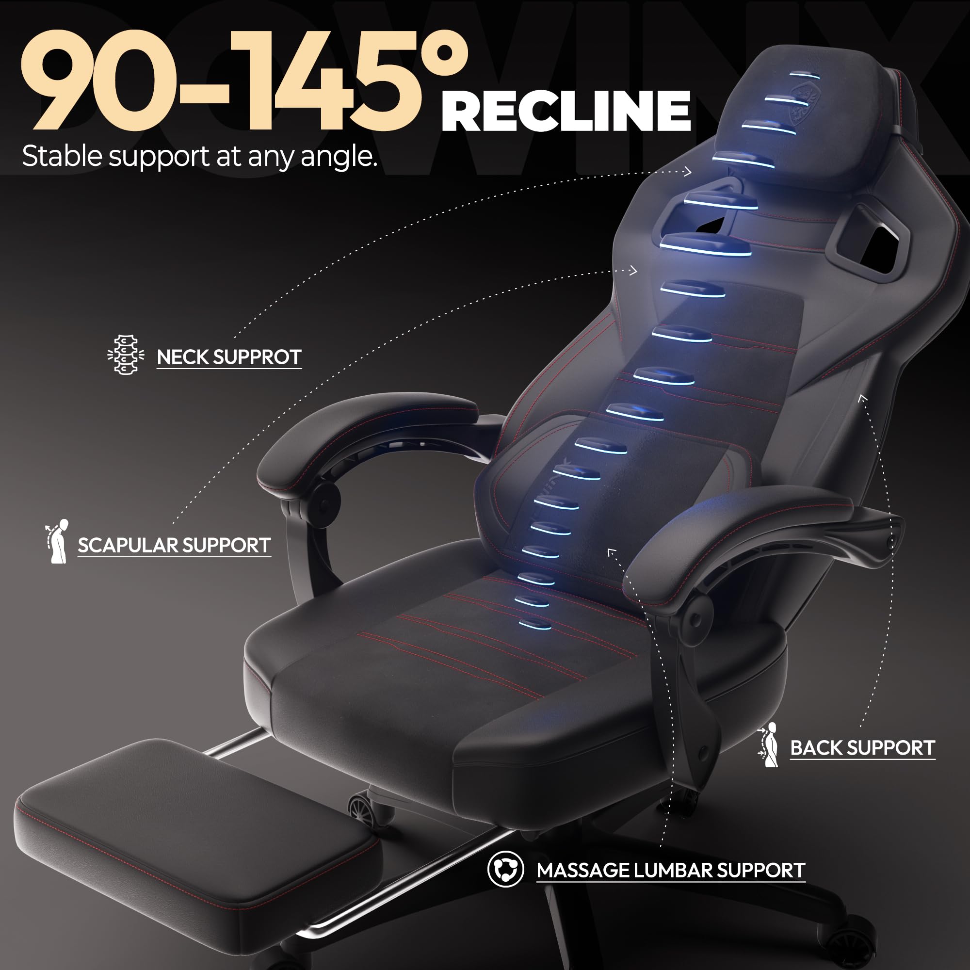 Dowinx PU Leather Gaming Chair with Footrest - Big & Tall Ergonomic Office Chair with Adjustable Lumbar Support - Heavy Duty Computer Chair for Adults up to 400lbs - Black - Perfect for Gaming, Working & Home Office Use