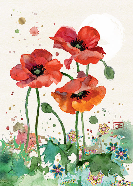 Bug Art Greeting Card - Three Red Poppies Floral Design | Perfect for Birthdays, Thank You Notes & Special Occasions