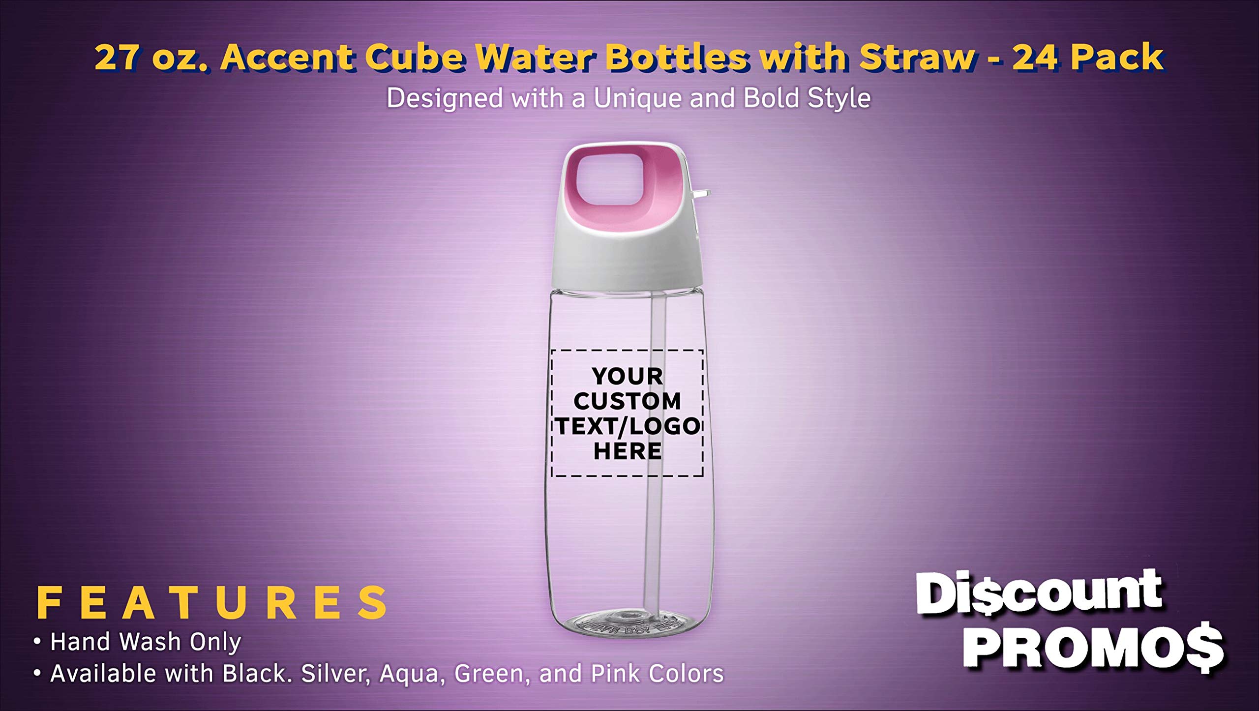 24 Pack 27 oz Plastic Water Bottles with Straw - Customizable Text & Logo - BPA Free Tritan Material - Accent Cube Design in Pink - Perfect for Schools, Gyms, Offices and Outdoor Activities