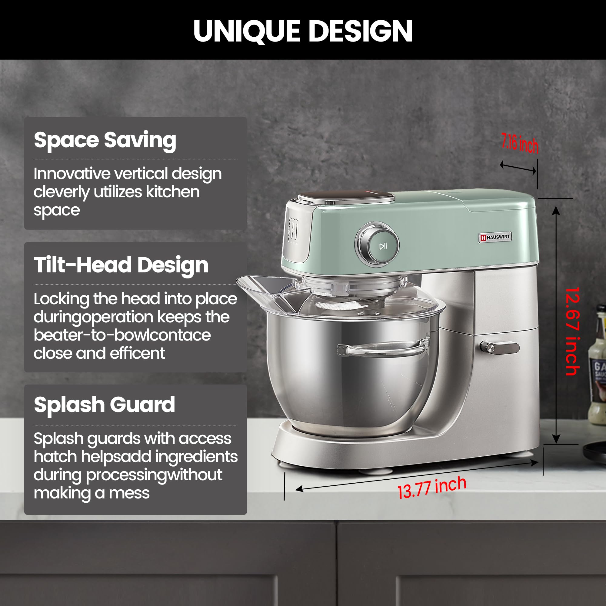 HAUSWIRT 5.3QT Electric Stand Mixer - 11-Speed Retro Kitchen Mixer with LED Display, Stainless Steel Attachments (Dough Hook, Flat Beater, Egg Whisk) | Perfect for Baking Cakes, Cookies, Bread & Pastry Dough | Vintage Green Countertop Appliance for Home Bakers