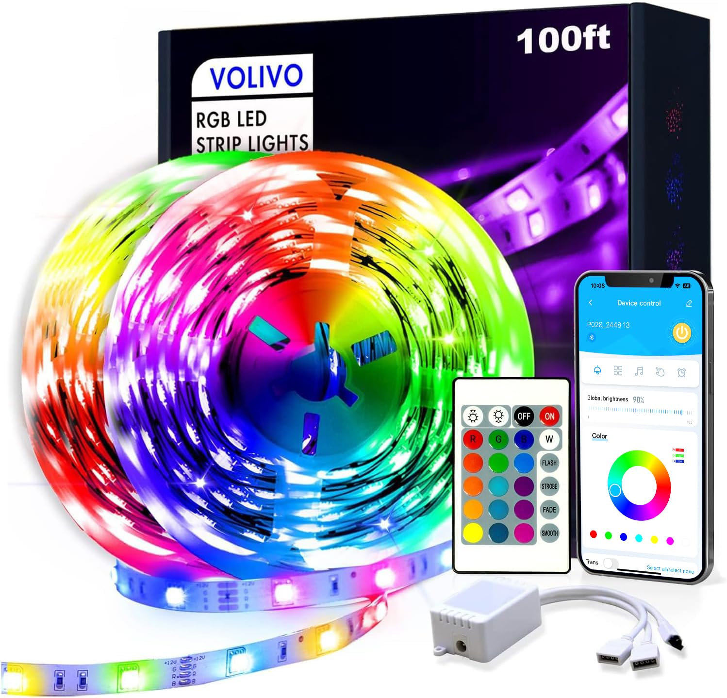 VOLIVO 100ft RGB LED Strip Lights - Color Changing LED Light Strips Kit with 24-Key IR Remote Control & Music Sync | Perfect for Bedroom, Living Room, Home Decor, Party & Gaming Setup