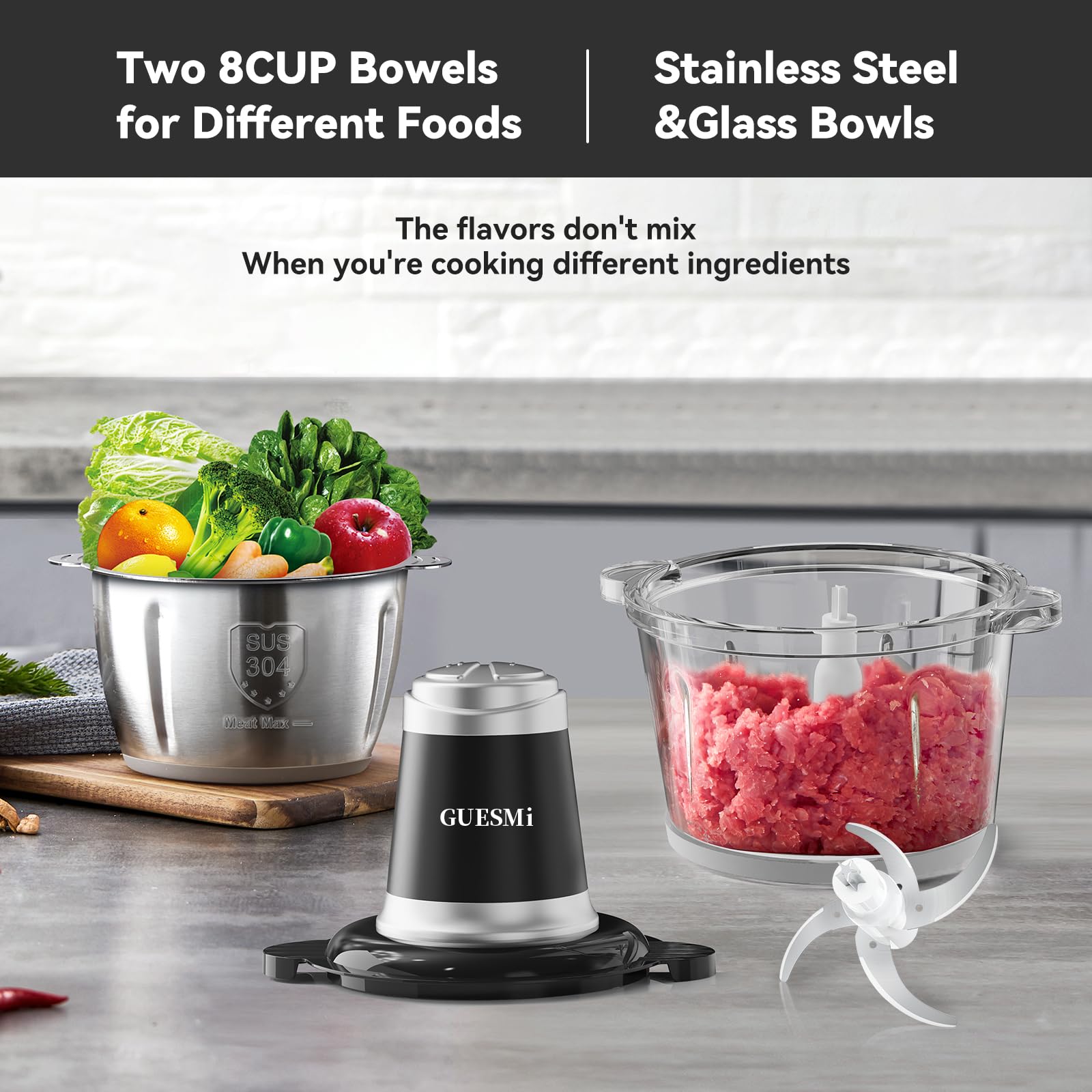 GUESMi 500W Electric Food Processor - Powerful Meat Grinder & Vegetable Chopper with 2 Stainless Steel Bowls (8 Cup Each) & Dual Blades - Perfect for Chopping Onions, Garlic, Nuts & Grinding Meat - Ideal for Meal Prep, Cooking & Baking