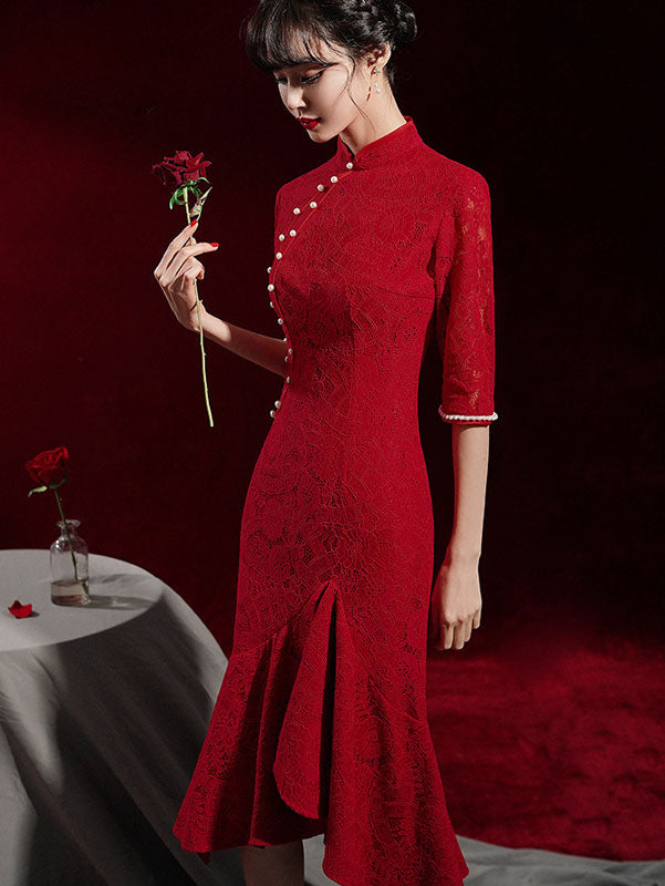 Elegant Burgundy Lace Tea-Length Fishtail Wedding Cheongsam Qipao Dress for Brides, Bridesmaids & Special Occasions | Perfect for Tea Ceremonies, Weddings & Formal Events