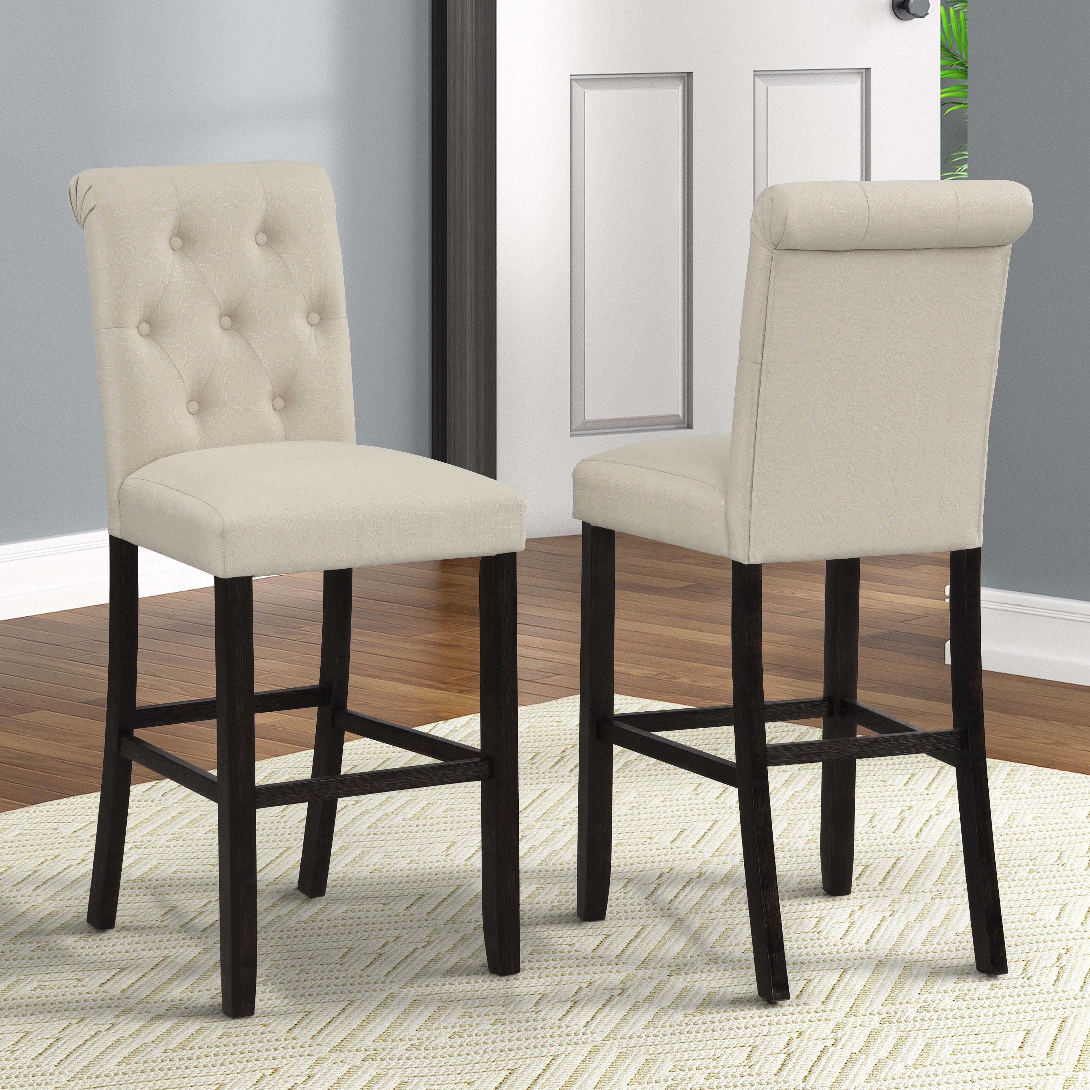 Roundhill Furniture Leviton Solid Wood Tufted Barstools, Set of 2, Tan - Rustic Kitchen Island Stools for Breakfast Nook, Bar Counter or Dining Room Decor