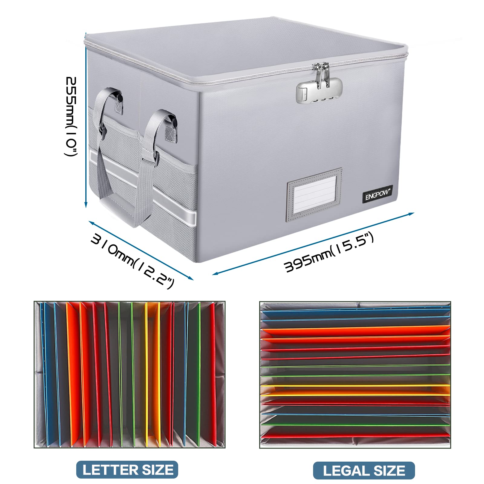 Fireproof Document Box with Lock - Collapsible File Storage Organizer with Zippers & Handle - Portable Home Office Safe for Hanging Files, Legal Folders & Important Papers (Silver) | Ideal for Home, Office & Travel Document Protection