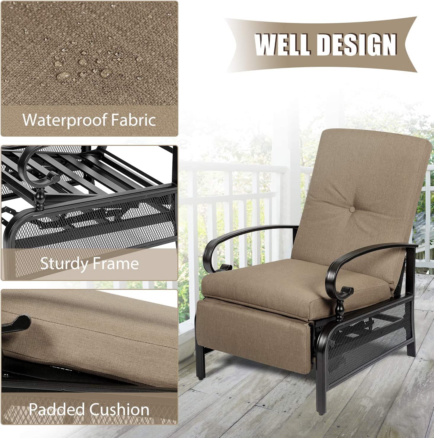 Betterland Outdoor Lounge Chair Set of 2 - Heavy Duty Metal Adjustable Patio Recliners with Extendable Frame & Removable Thickened Cushions, Beige - Perfect for Poolside, Backyard, Garden Relaxation and Sunbathing