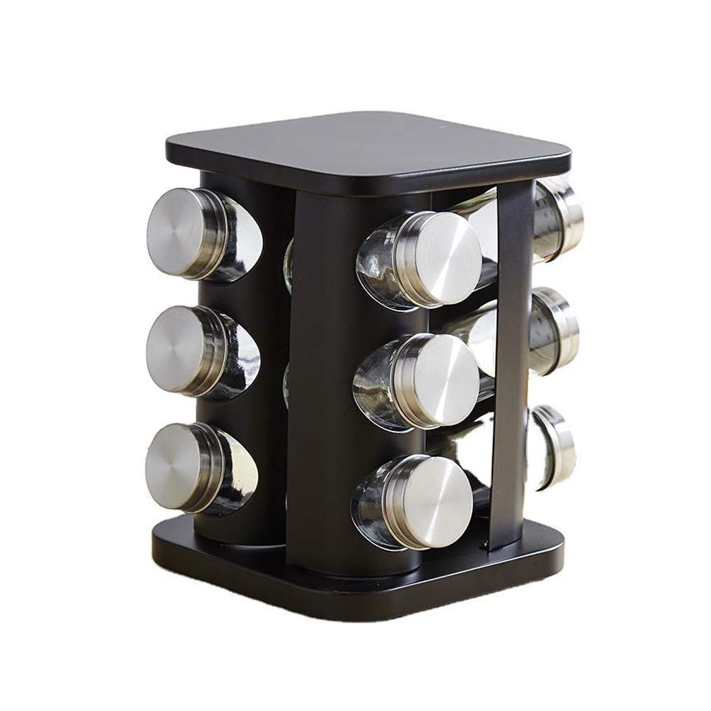 TINMIX 12-Jar Revolving Spice Rack Organizer - Stainless Steel Countertop Spice Tower with Refillable Glass Jars for Kitchen, Cabinet & Pantry Storage - Perfect for Cooking, Baking & Seasoning Organization (Black)